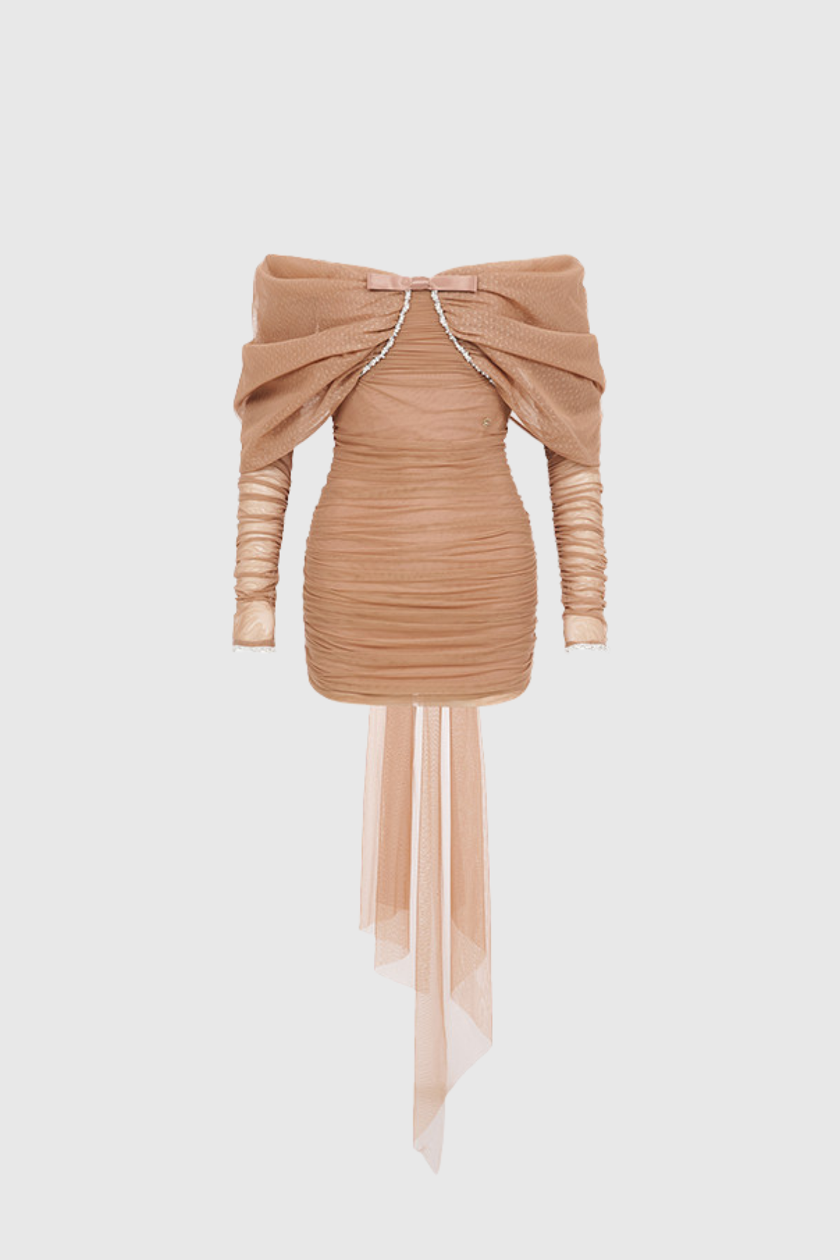 Feridun Off Shoulder Mesh Mini Dress In Brown