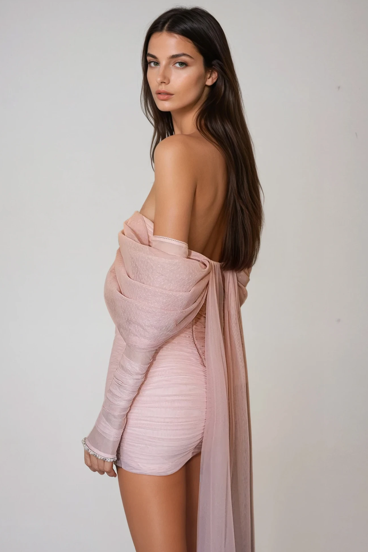 Feridun Off Shoulder Mesh Mini Dress In Pink