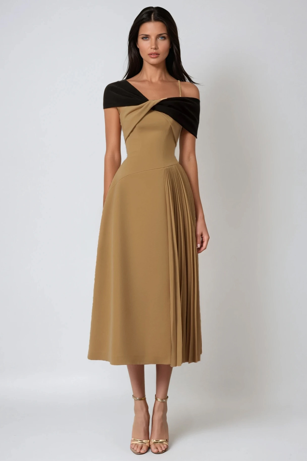 Fermina Asymmetric Colorblock Pleated Midi Dress