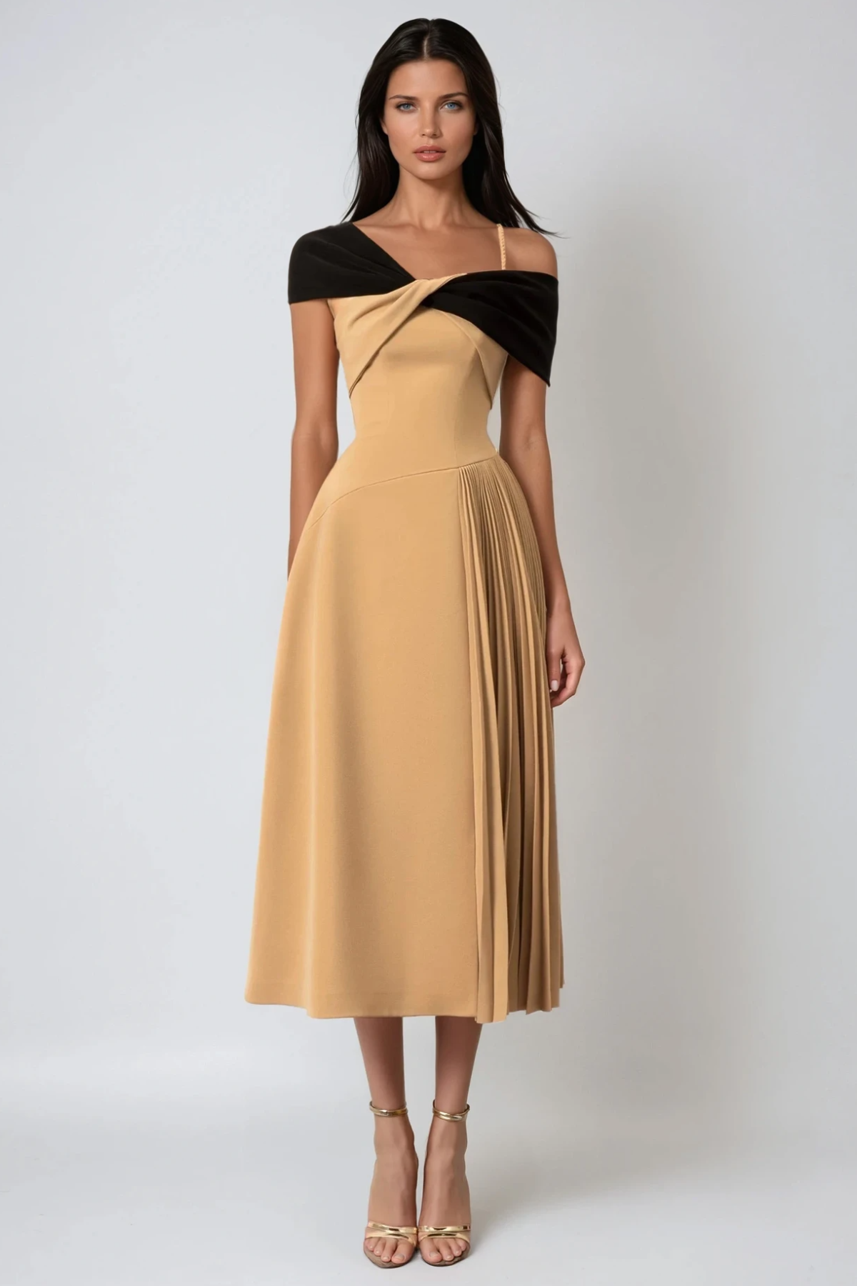 Fermina Asymmetric Colorblock Pleated Midi Dress