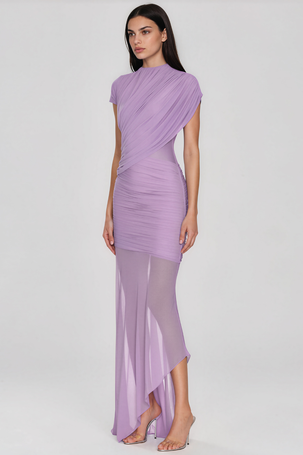Fern Asymmetric Ruch Mesh Maxi Dress