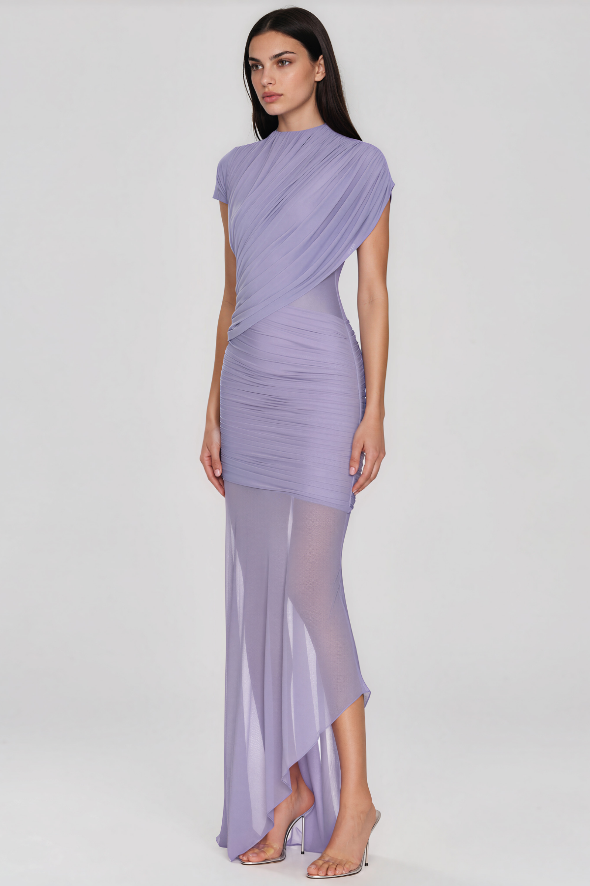 Fern Asymmetric Ruch Mesh Maxi Dress