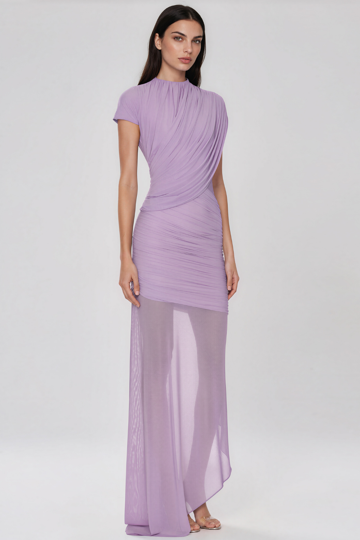 Fern Asymmetric Ruch Mesh Maxi Dress