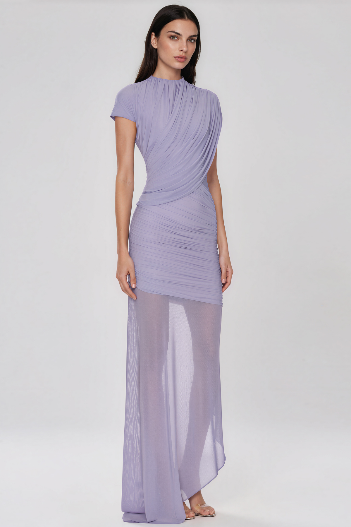 Fern Asymmetric Ruch Mesh Maxi Dress