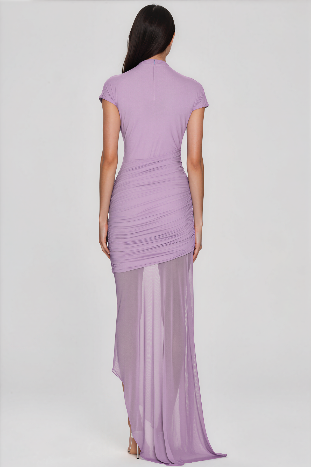 Fern Asymmetric Ruch Mesh Maxi Dress