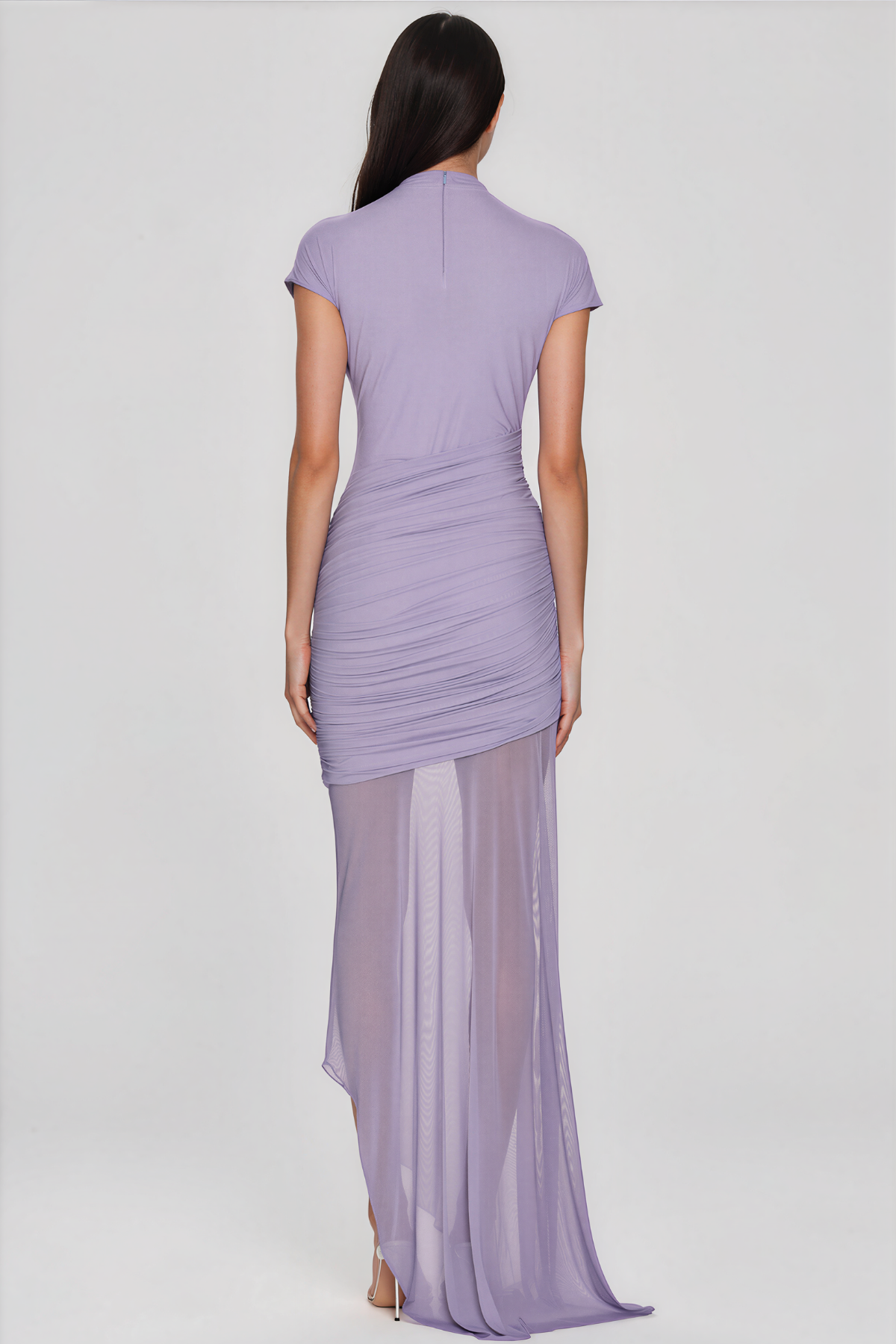 Fern Asymmetric Ruch Mesh Maxi Dress