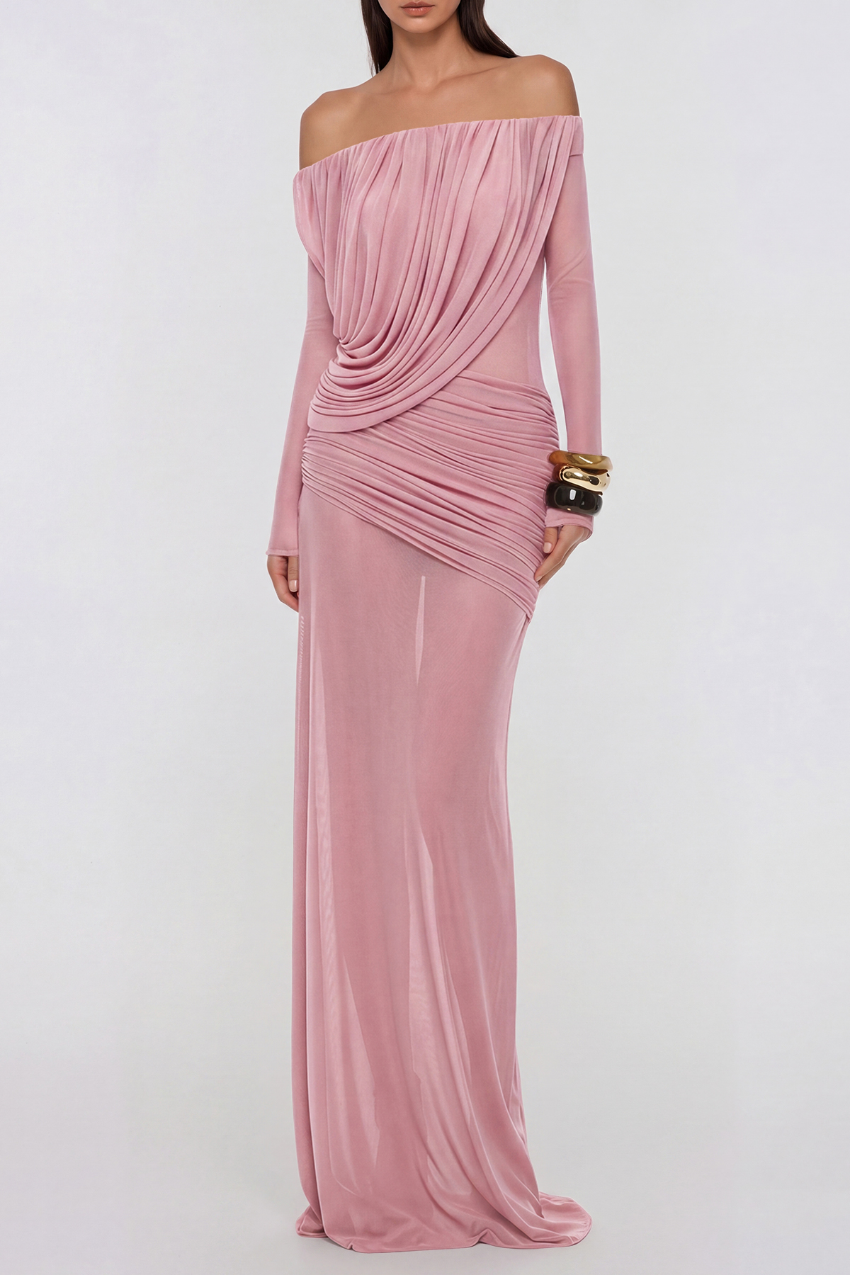Fern Off Shoulder Ruch Mesh Maxi Dress In Pink