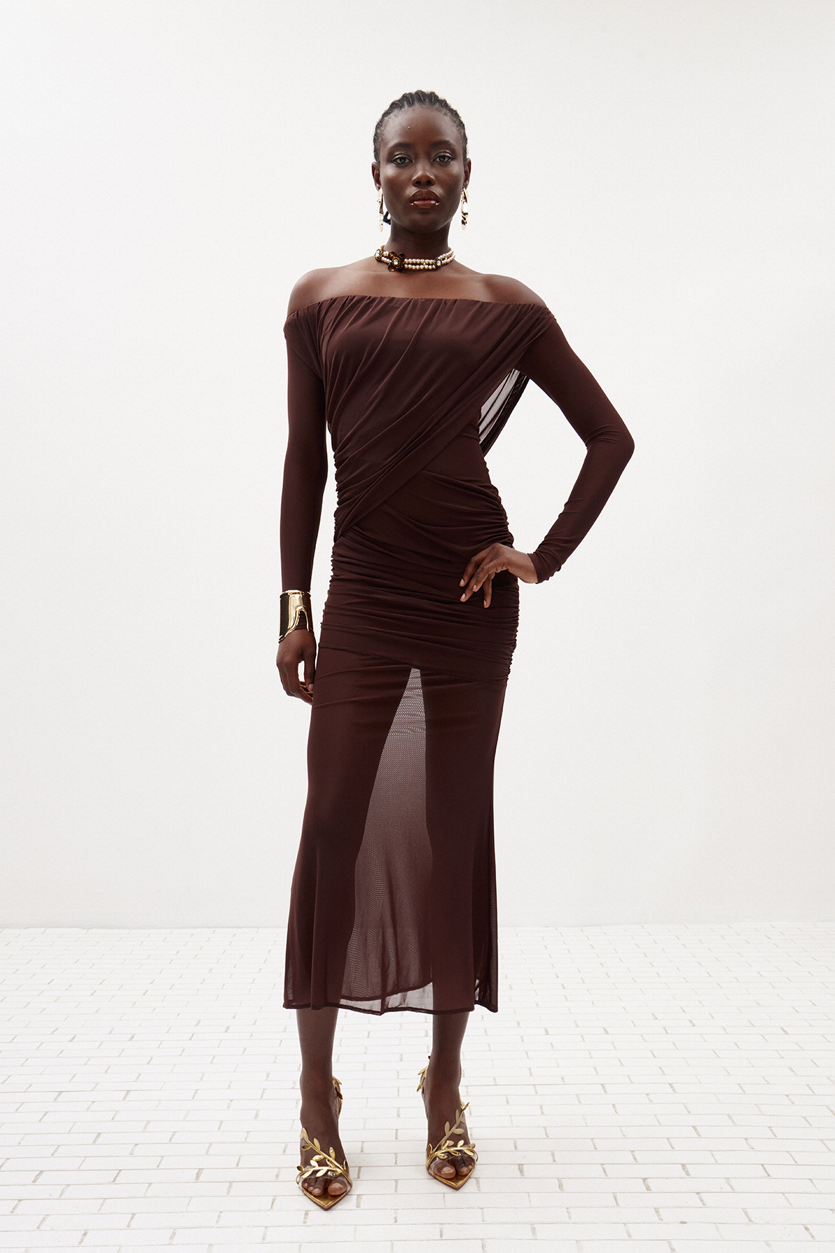 Fern Off Shoulder Ruch Mesh Maxi Dress In Brown