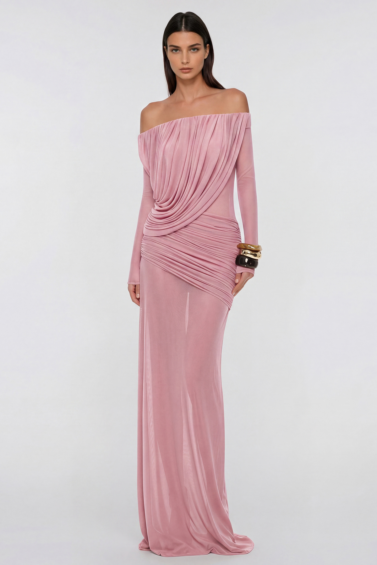 Fern Off Shoulder Ruch Mesh Maxi Dress In Pink