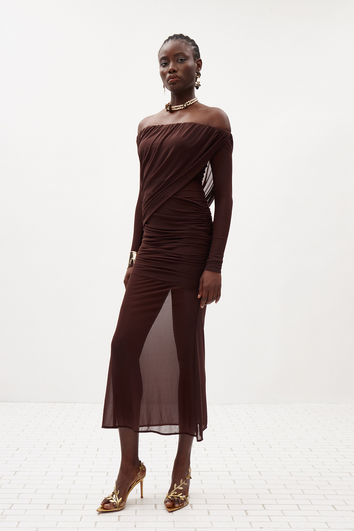 Fern Off Shoulder Ruch Mesh Maxi Dress In Brown