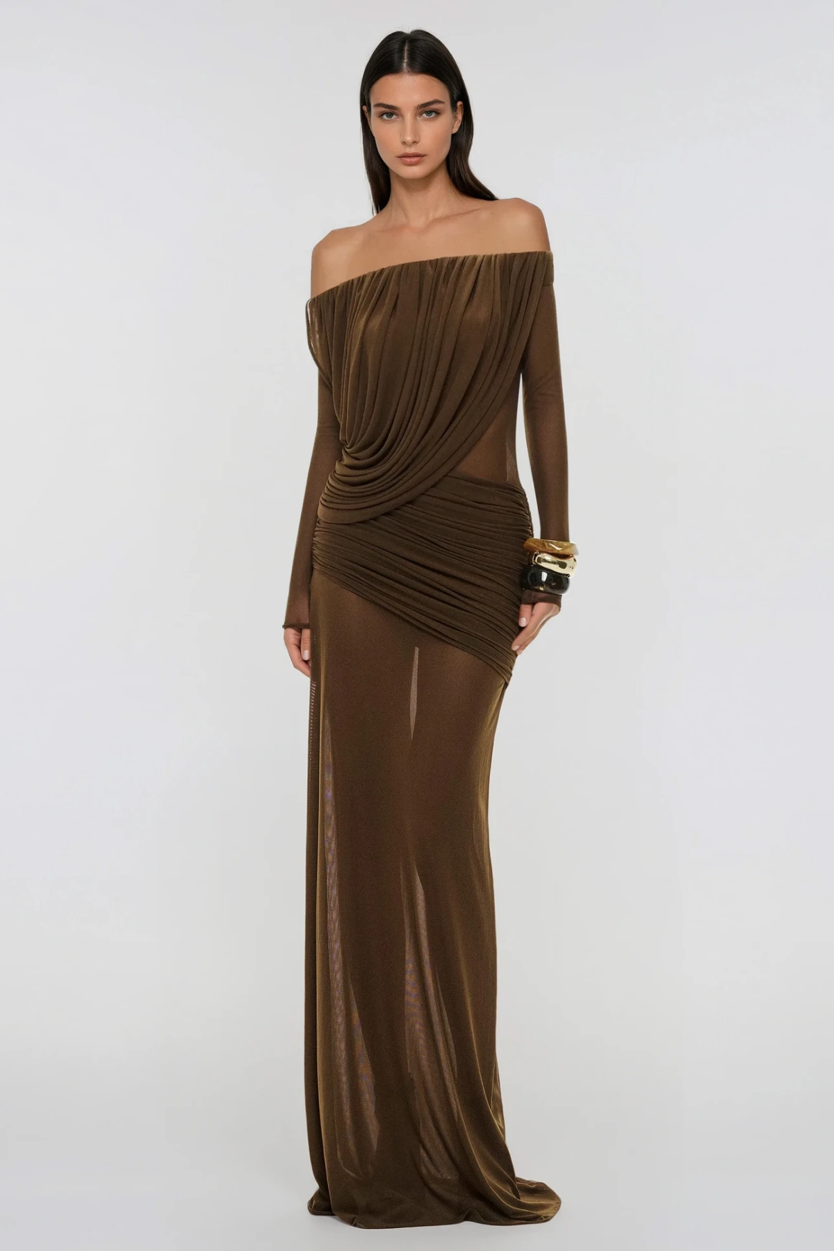 Fern Off Shoulder Ruch Mesh Maxi Dress In Brown