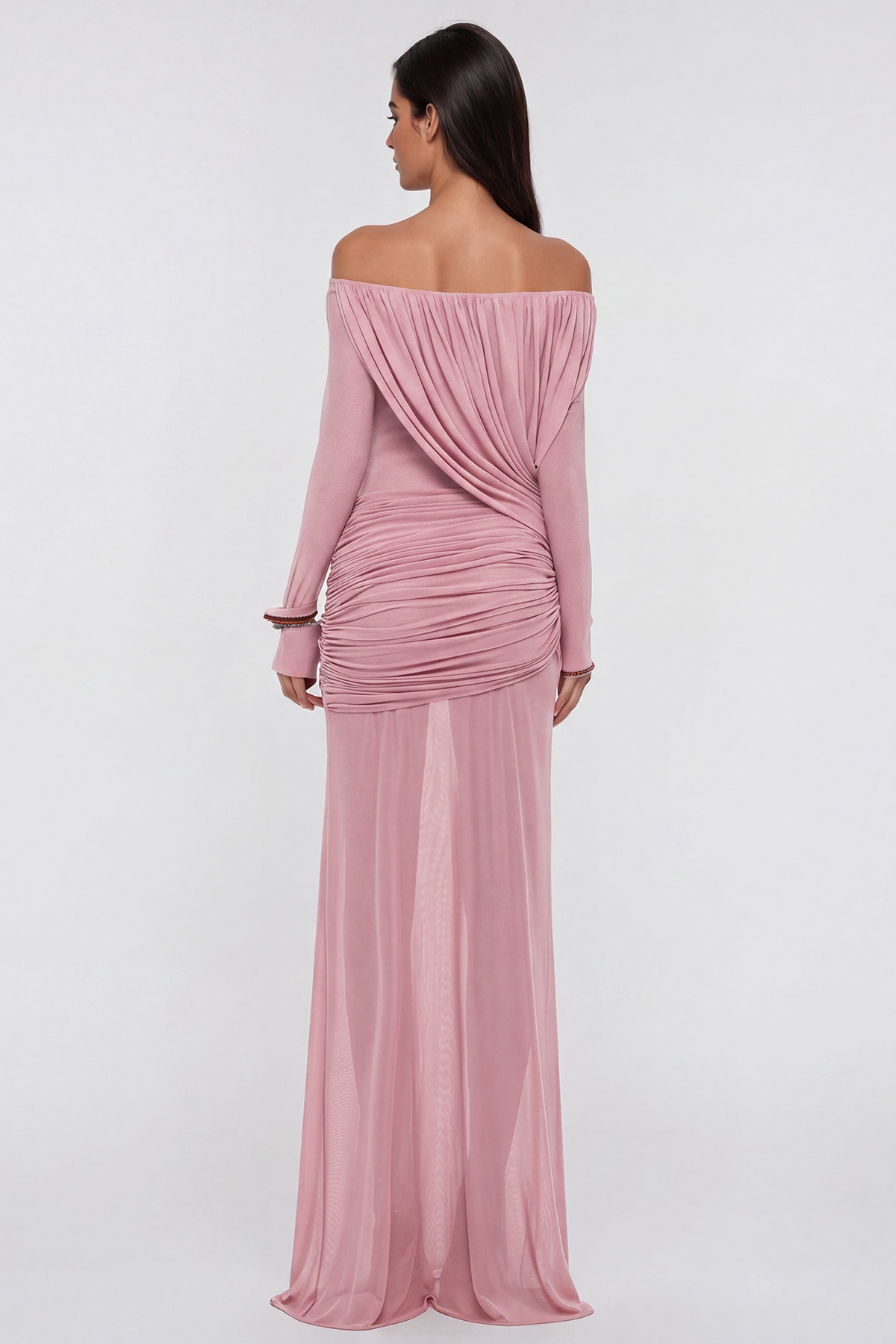 Fern Off Shoulder Ruch Mesh Maxi Dress In Pink