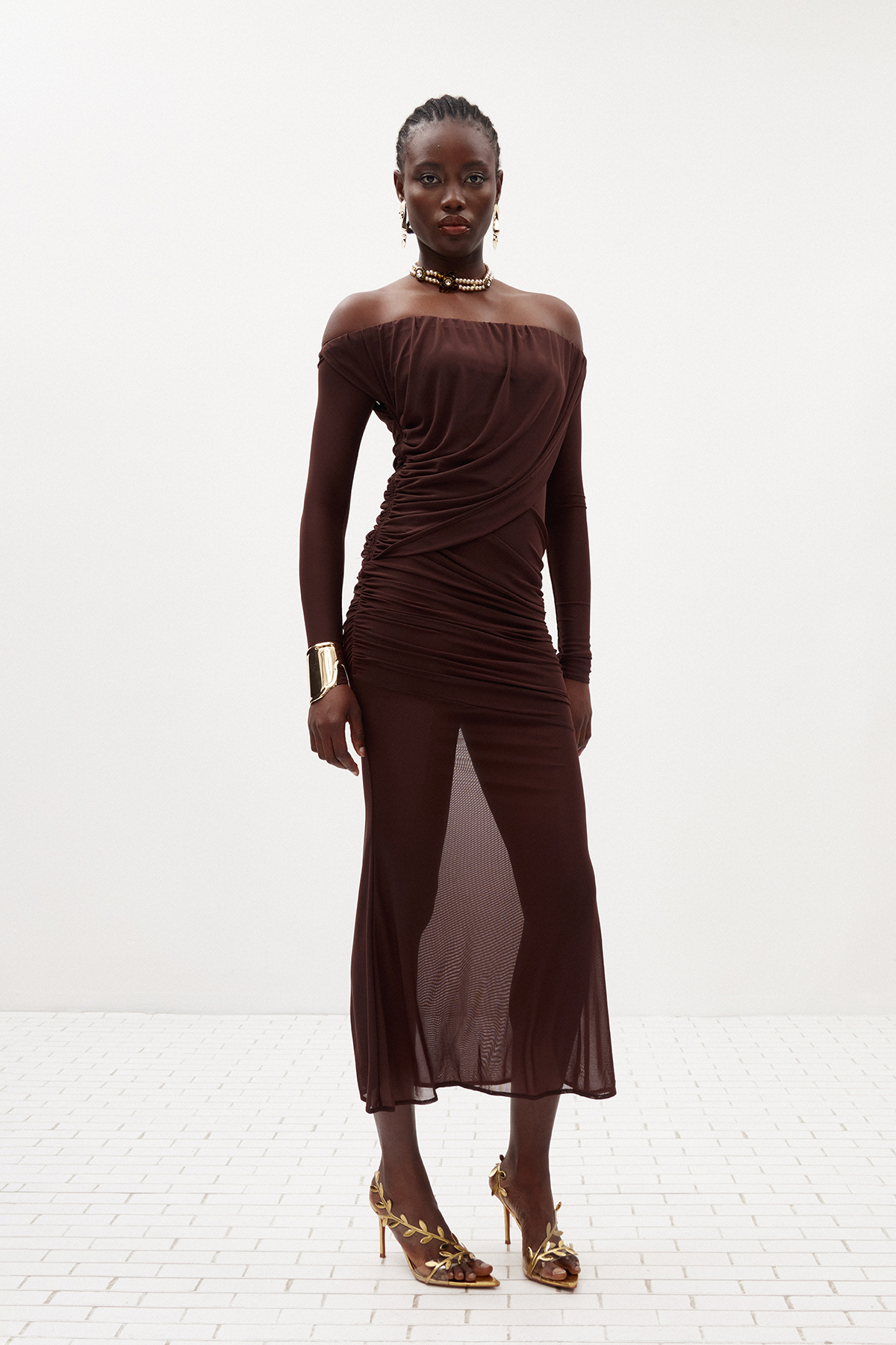 Fern Off Shoulder Ruch Mesh Maxi Dress In Brown