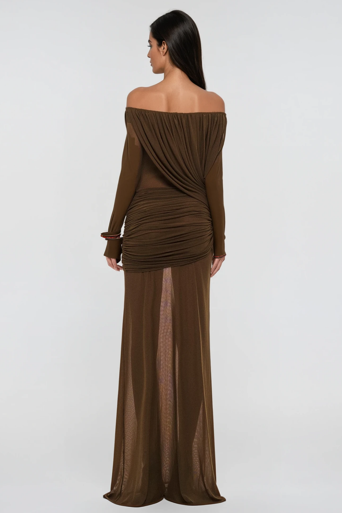Fern Off Shoulder Ruch Mesh Maxi Dress In Brown