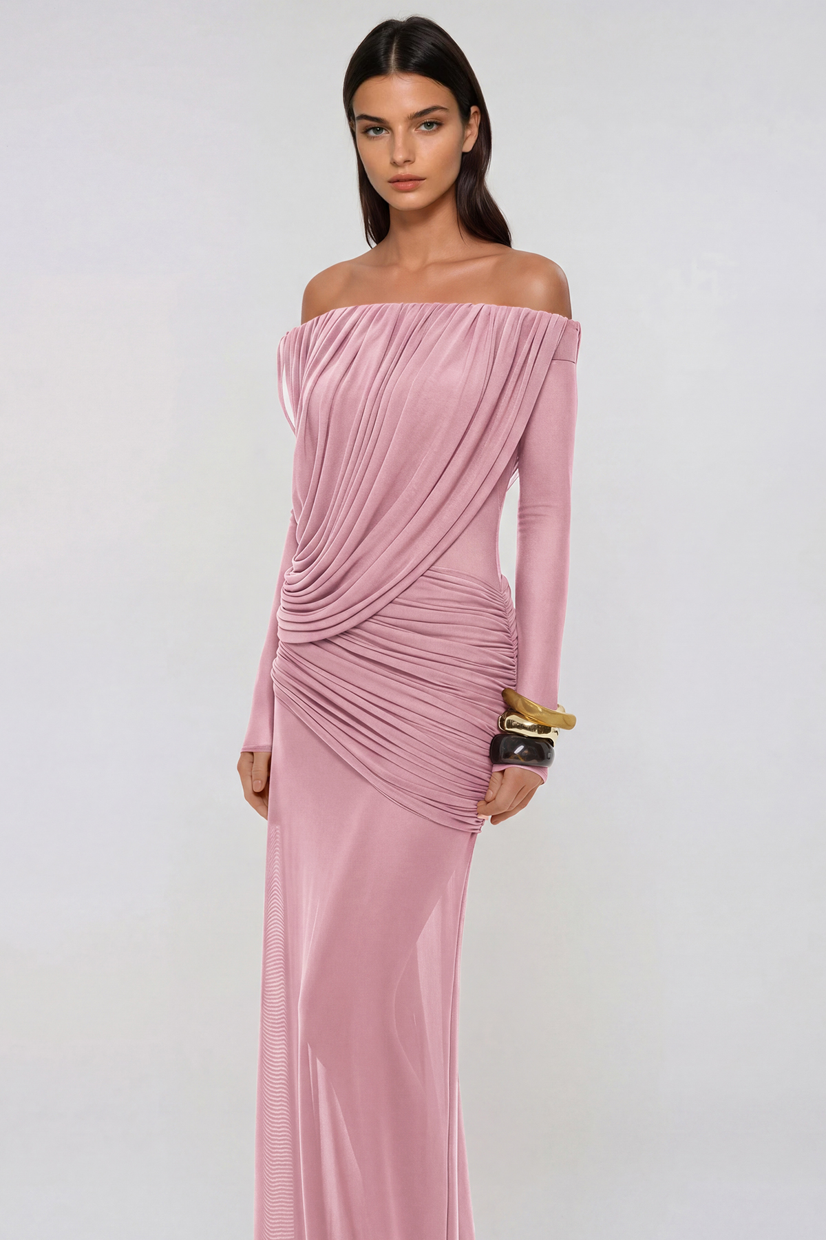 Fern Off Shoulder Ruch Mesh Maxi Dress In Pink