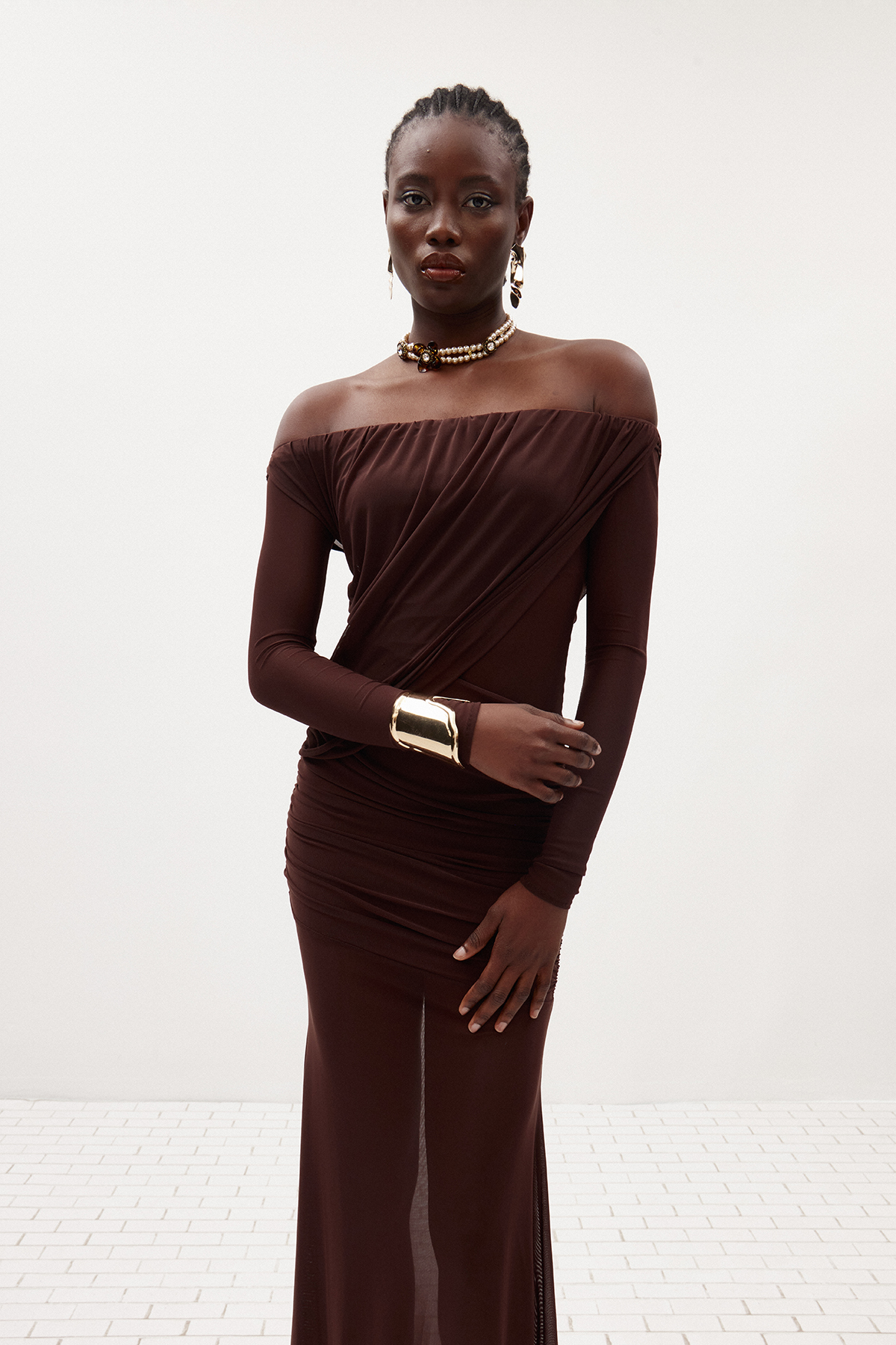 Fern Off Shoulder Ruch Mesh Maxi Dress In Brown