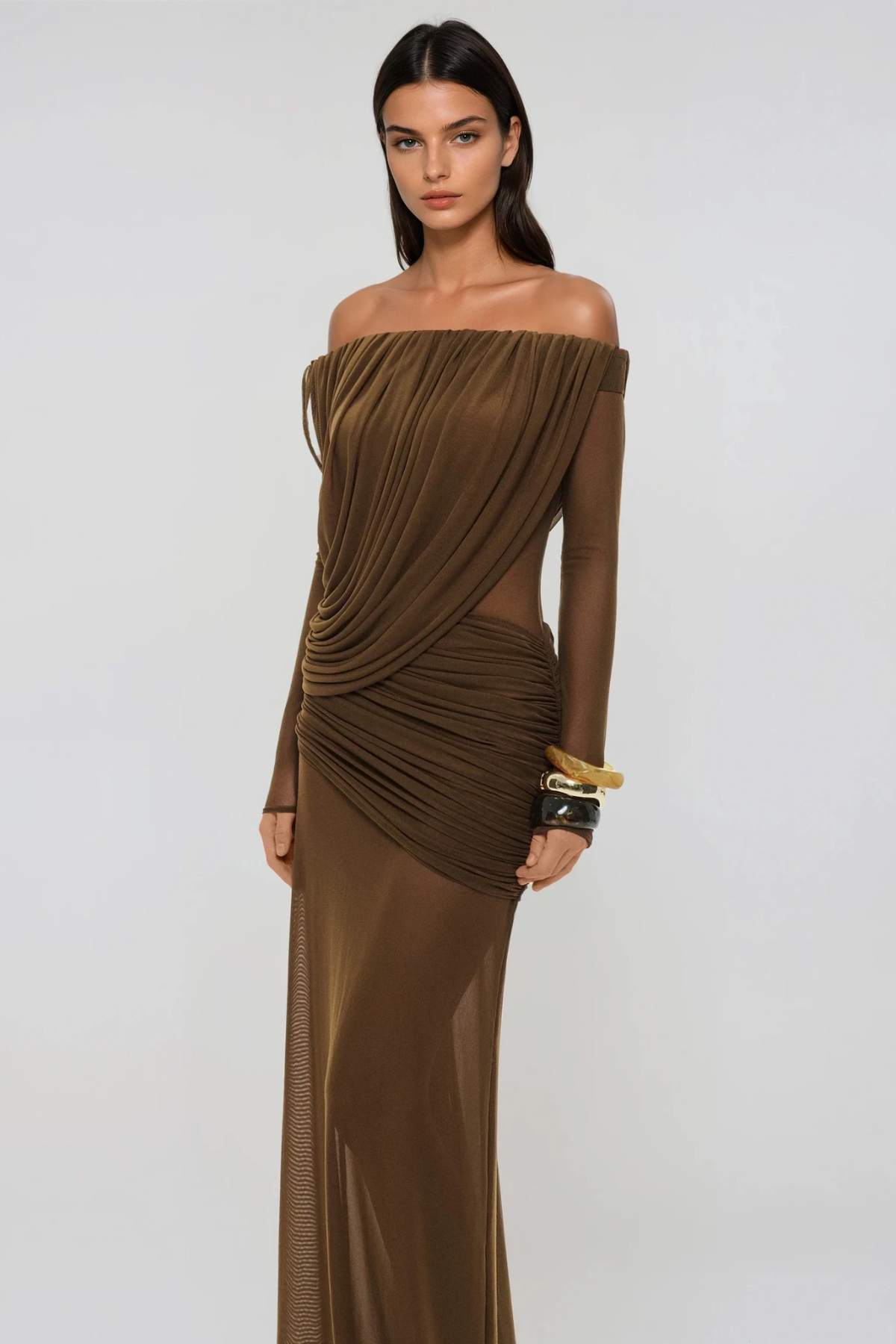 Fern Off Shoulder Ruch Mesh Maxi Dress In Brown