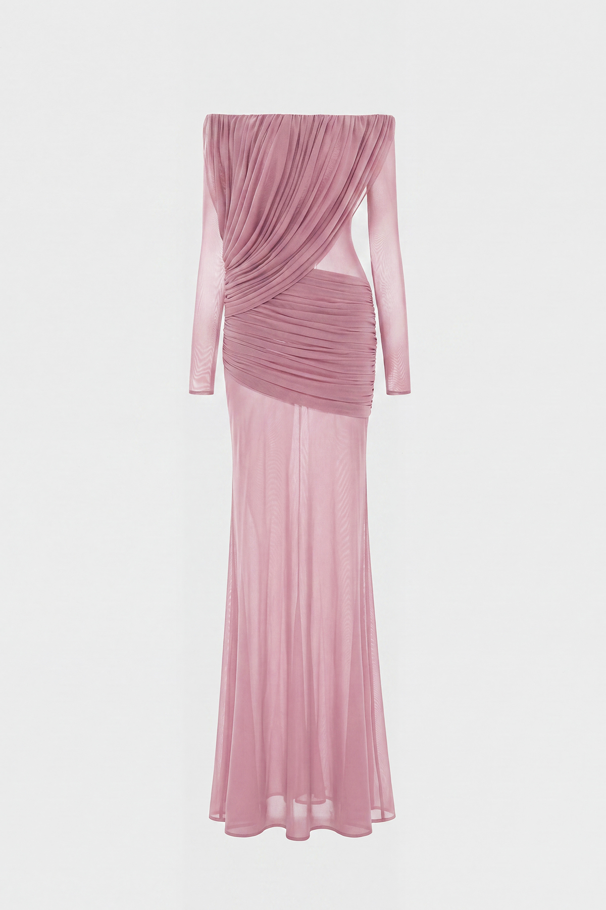 Fern Off Shoulder Ruch Mesh Maxi Dress In Pink