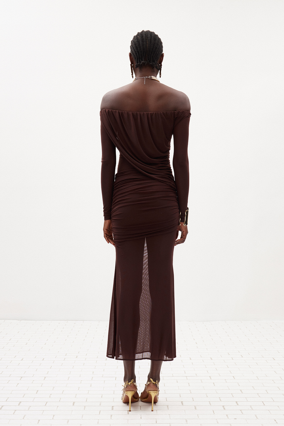 Fern Off Shoulder Ruch Mesh Maxi Dress In Brown