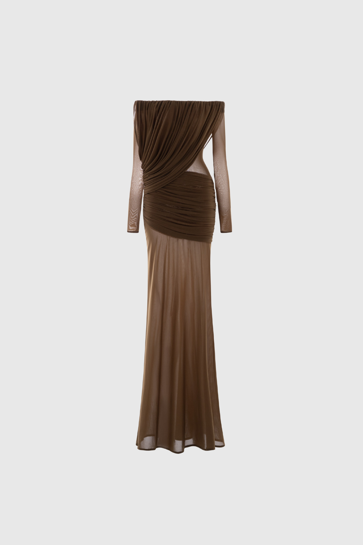 Fern Off Shoulder Ruch Mesh Maxi Dress In Brown