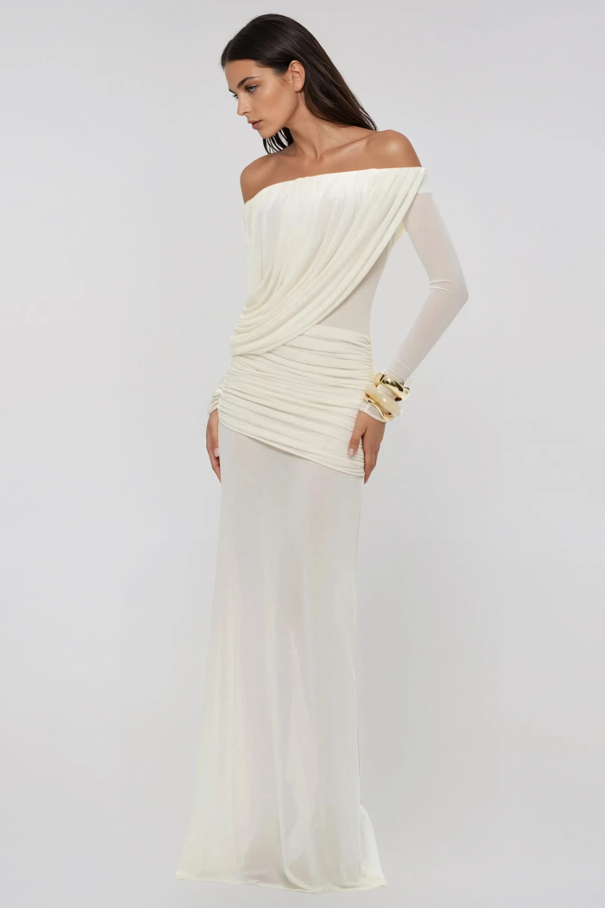 Fern Off Shoulder Ruch Mesh Maxi Dress In White