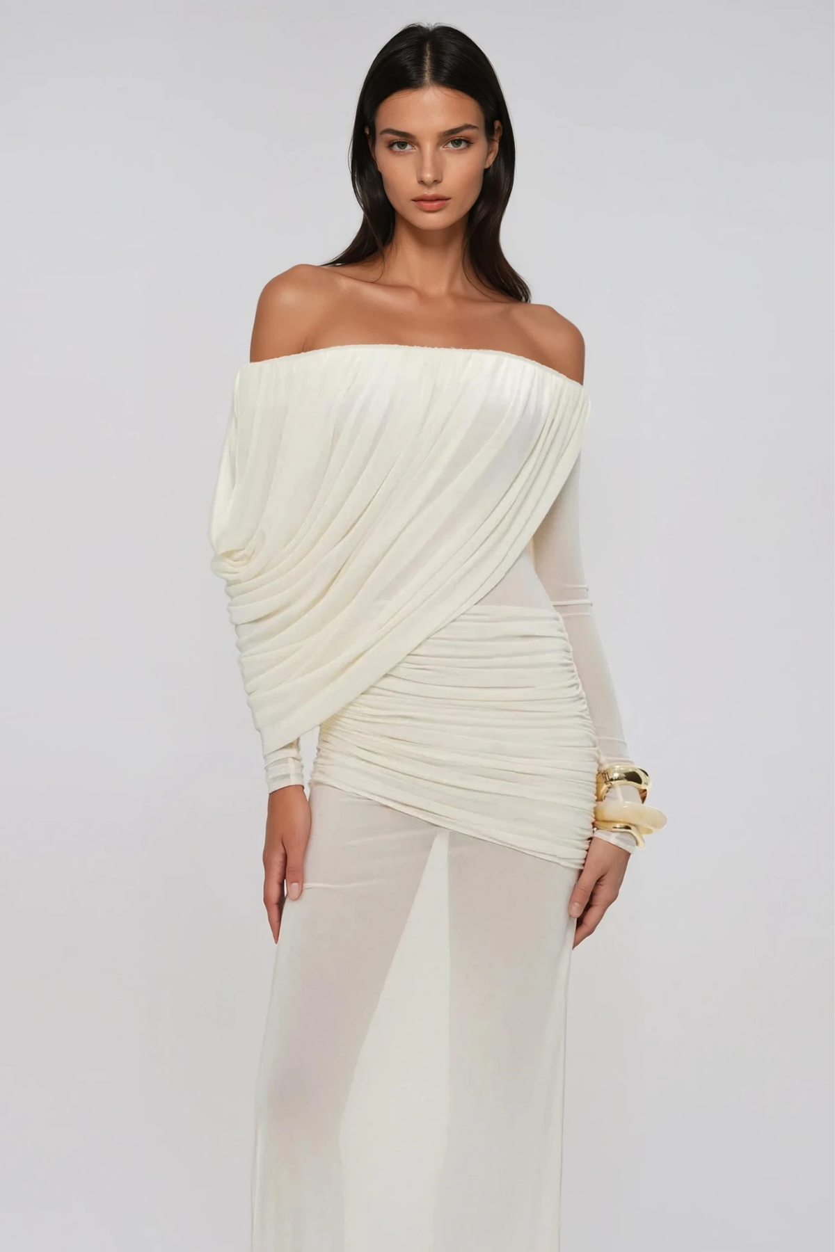 Fern Off Shoulder Ruch Mesh Maxi Dress In White