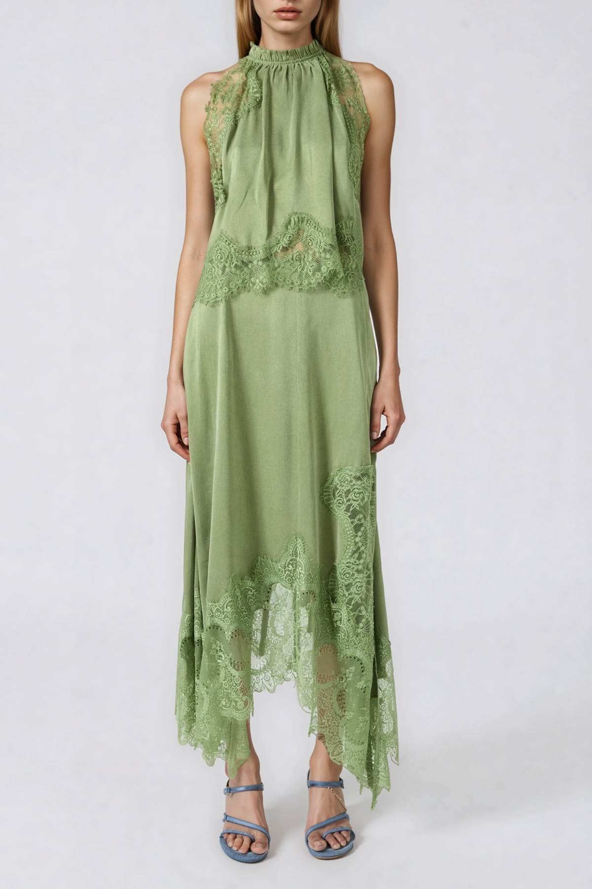 Festim Sleeveless Lace Skirt Set In Sage