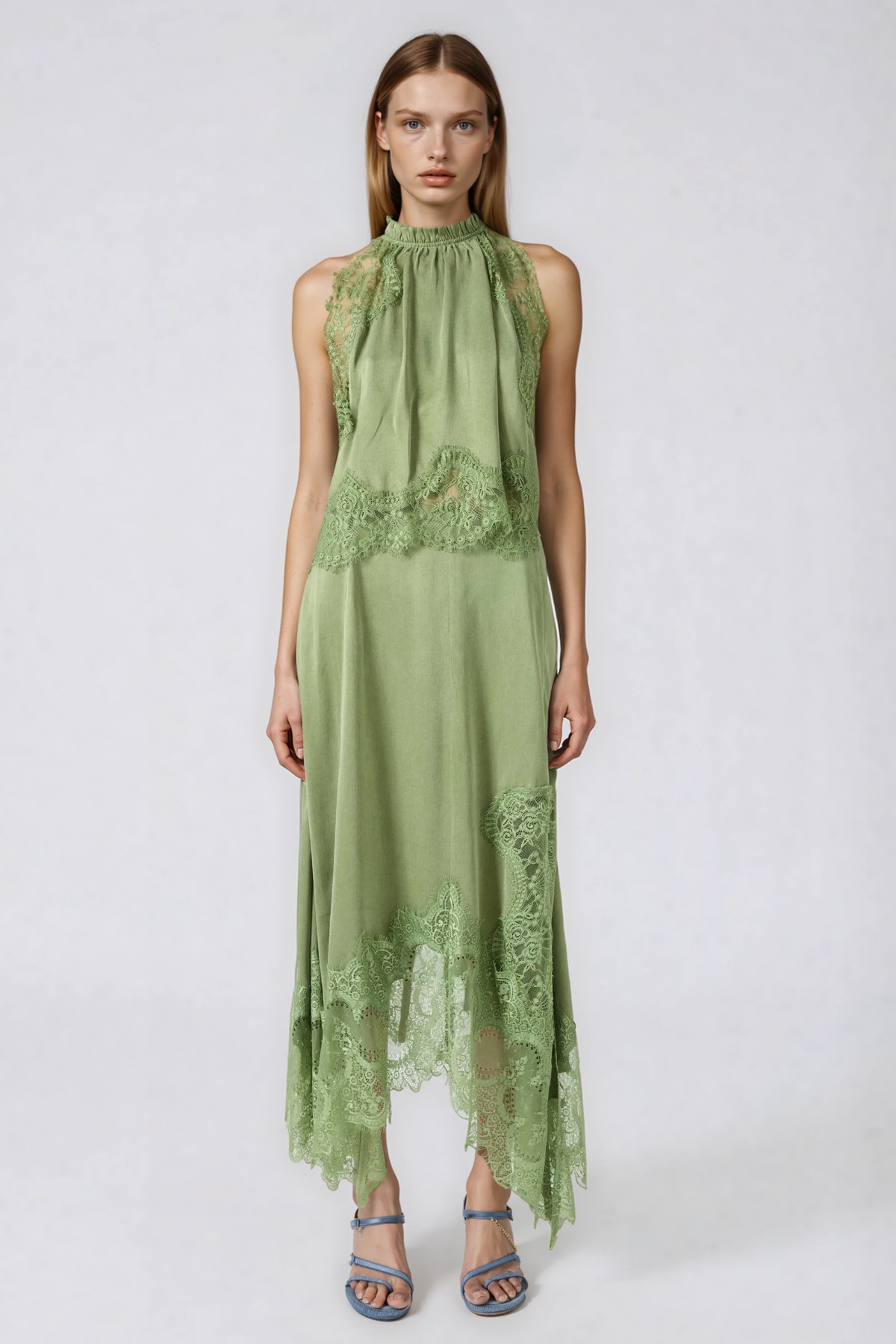 Festim Sleeveless Lace Skirt Set In Sage