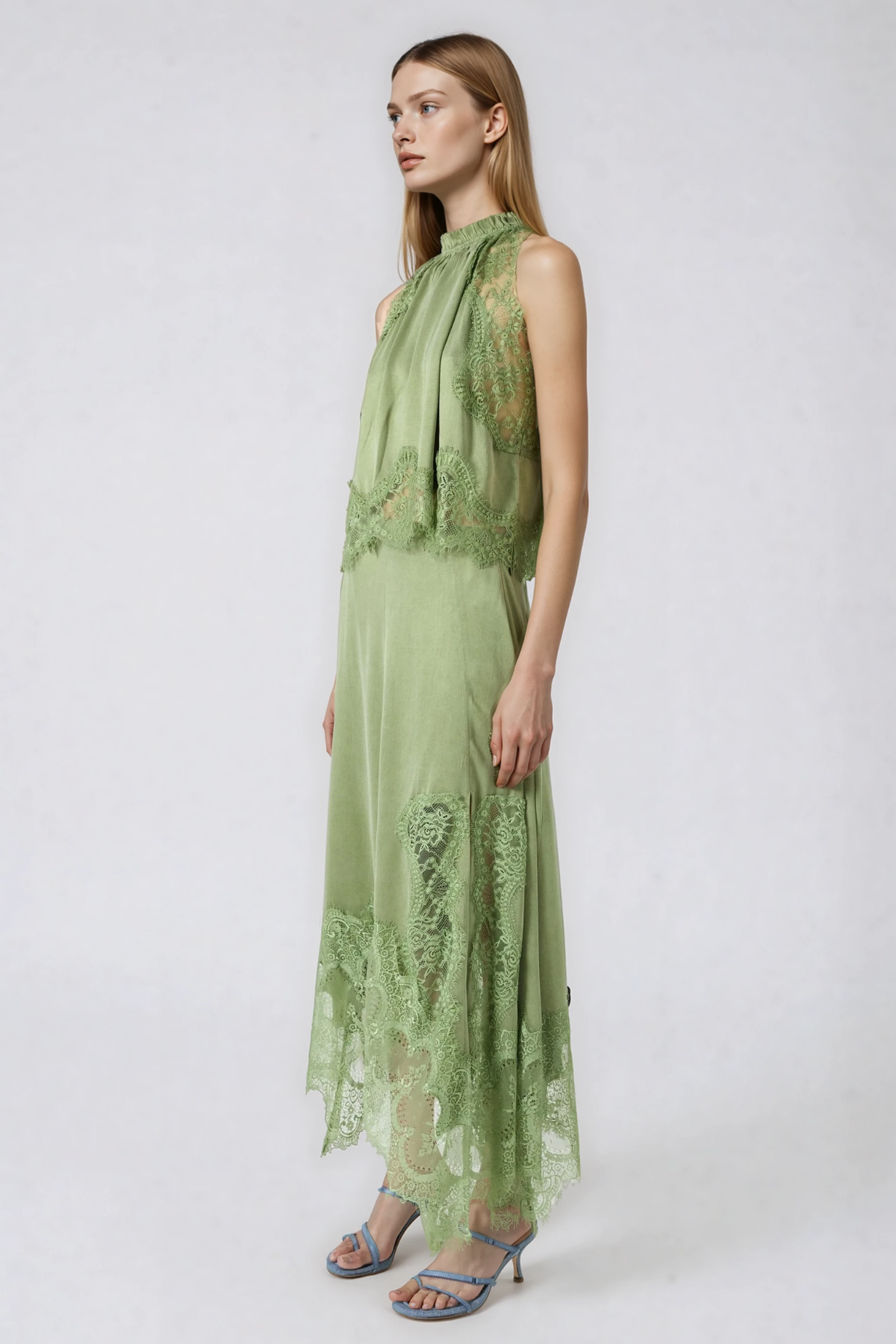 Festim Sleeveless Lace Skirt Set In Sage