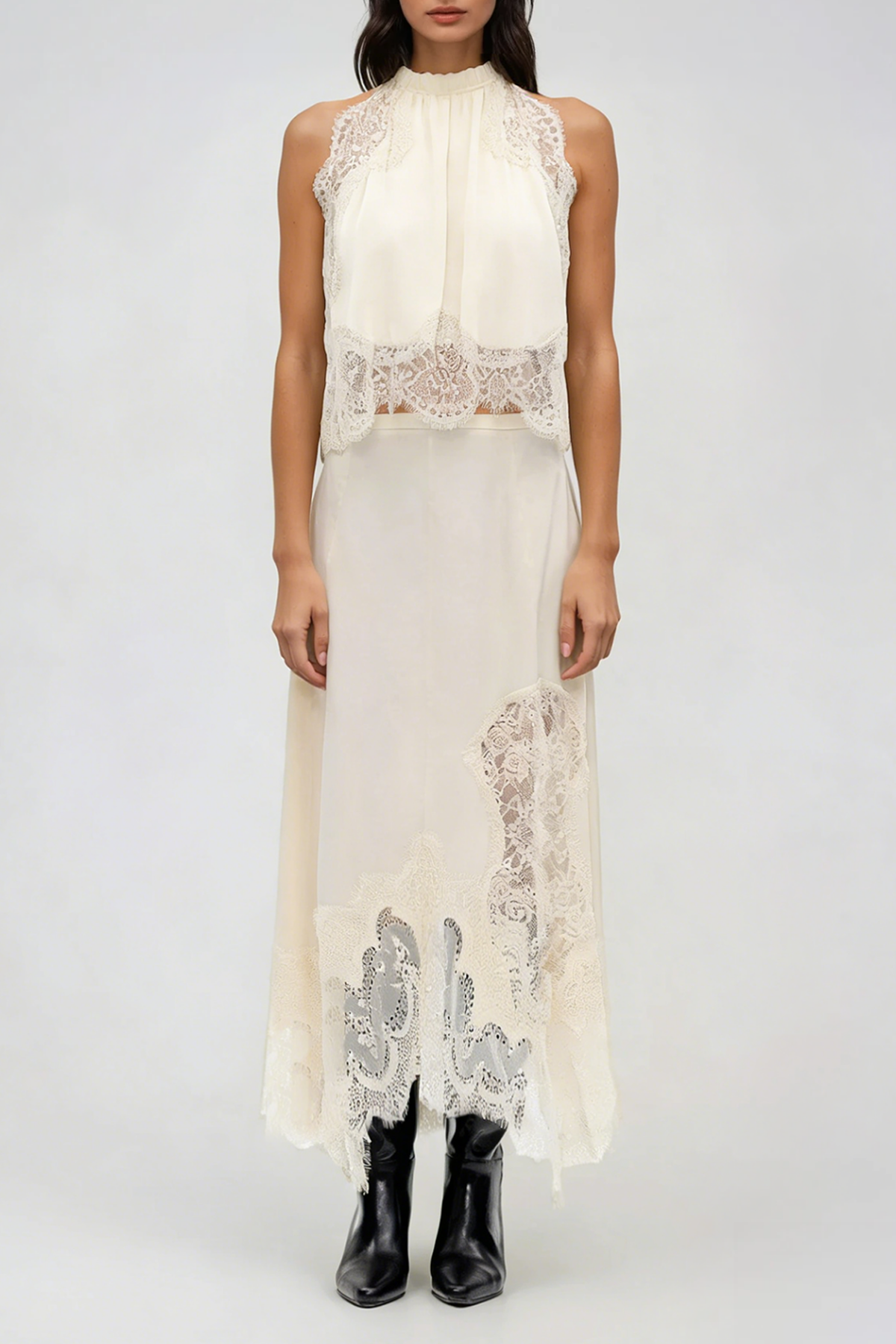 Festim Sleeveless Lace Skirt Set In White