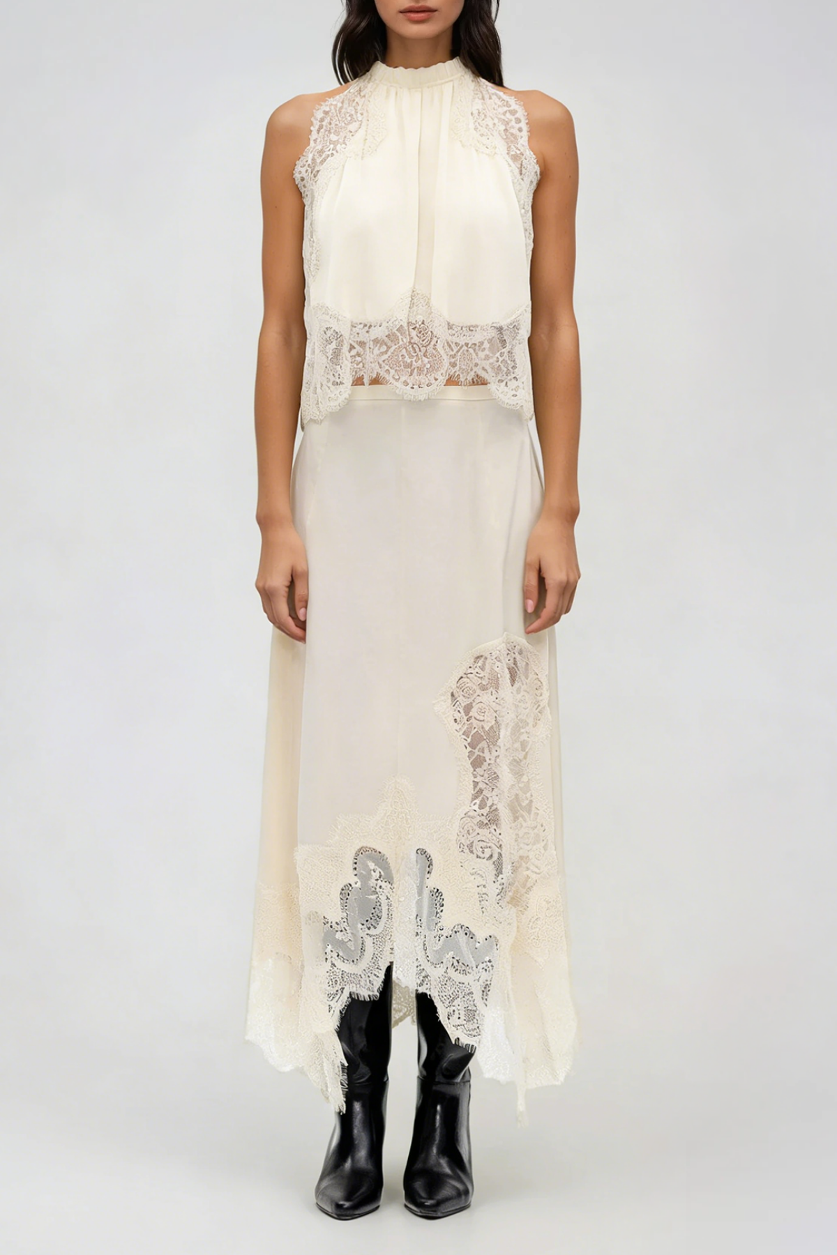 Festim Sleeveless Lace Skirt Set In White