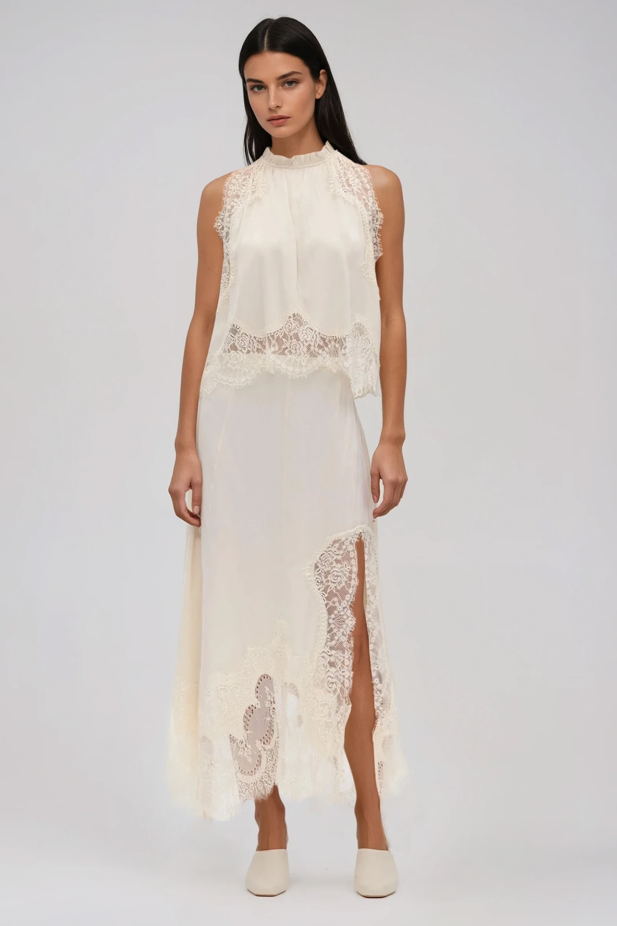 Festim Sleeveless Lace Skirt Set In White