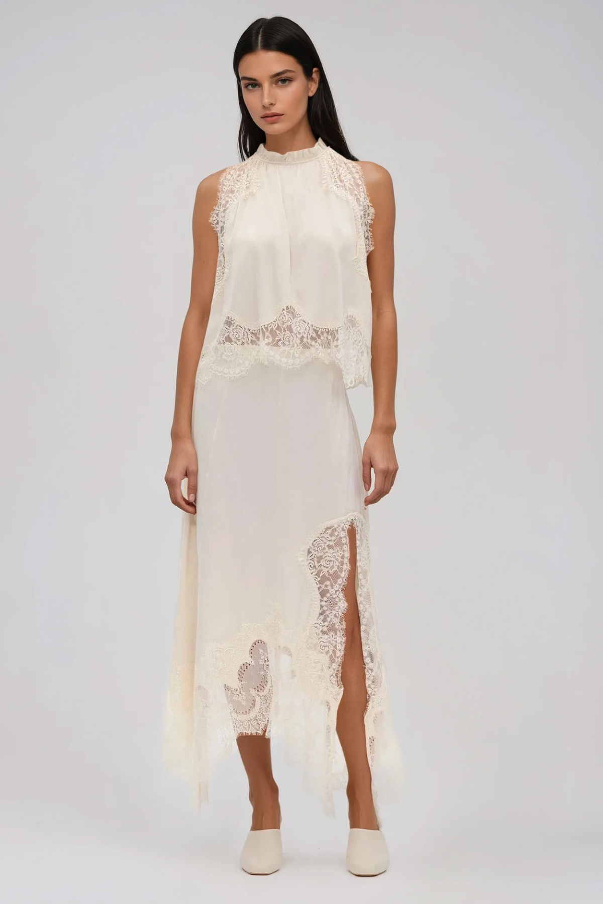 Festim Sleeveless Lace Skirt Set In White