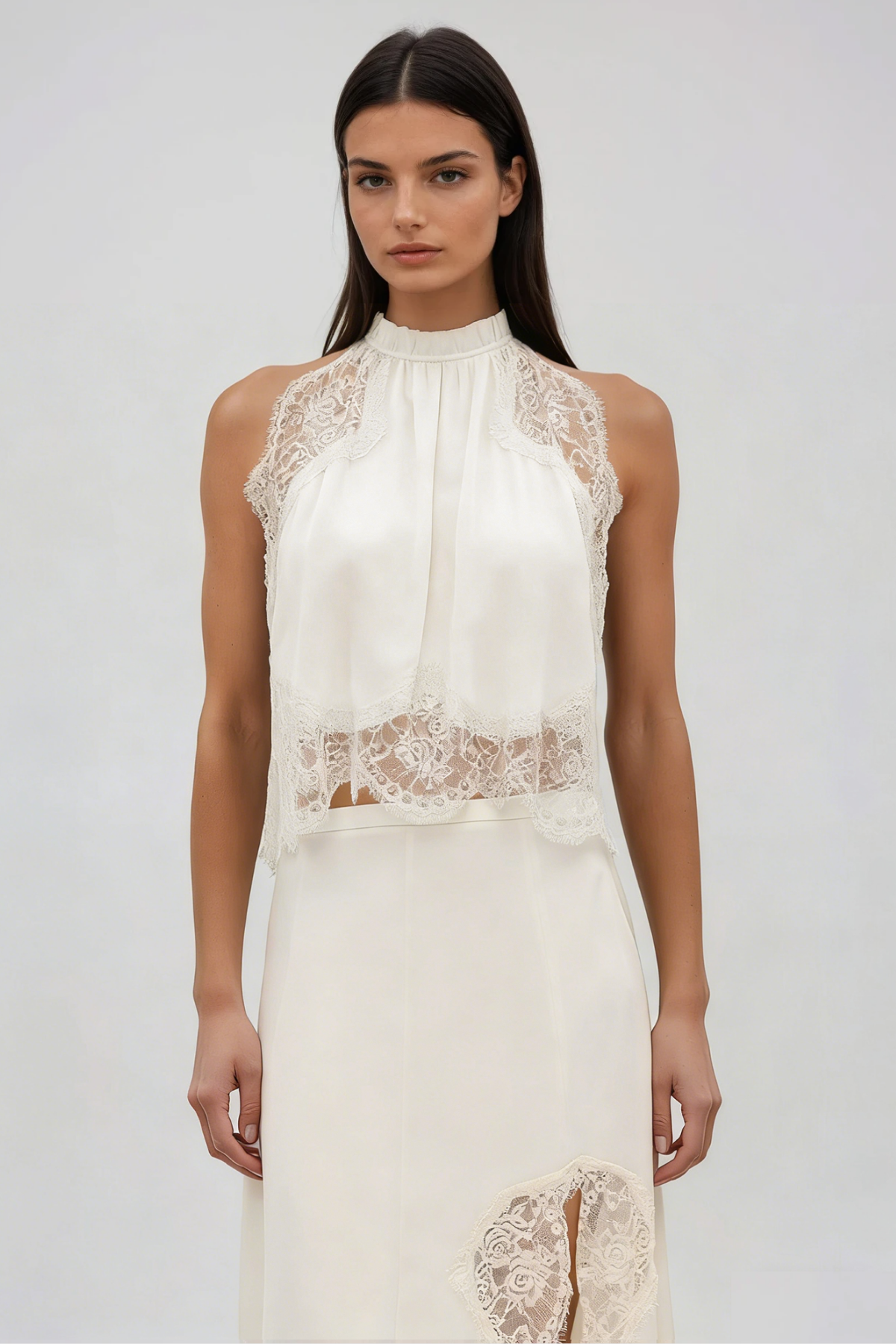 Festim Sleeveless Lace Skirt Set In White