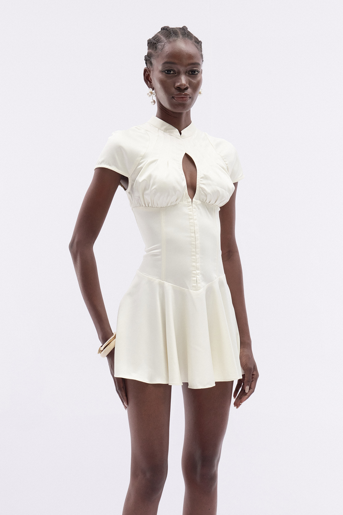 Fevronia Cutout Ruffle Satin Mini Dress