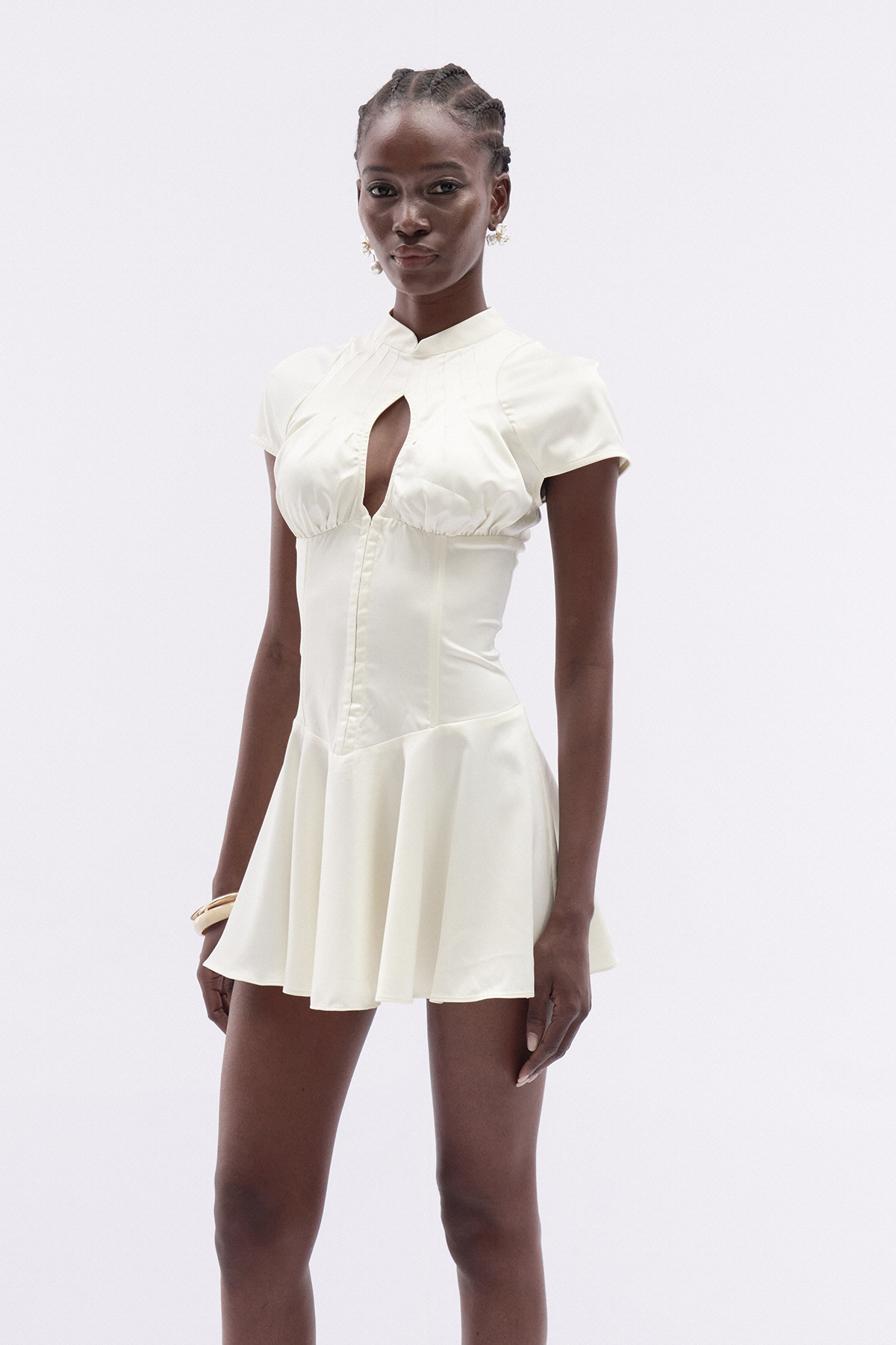 Fevronia Cutout Ruffle Satin Mini Dress