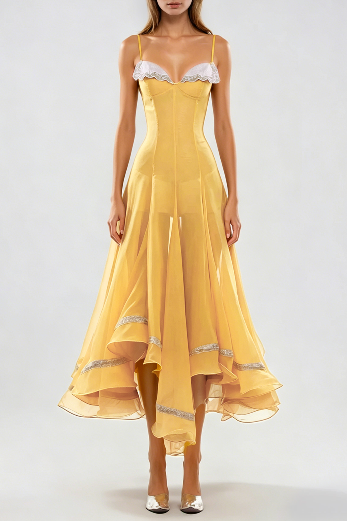 Fiacre Spaghetti Mesh Ruffle Maxi Dress In Yellow
