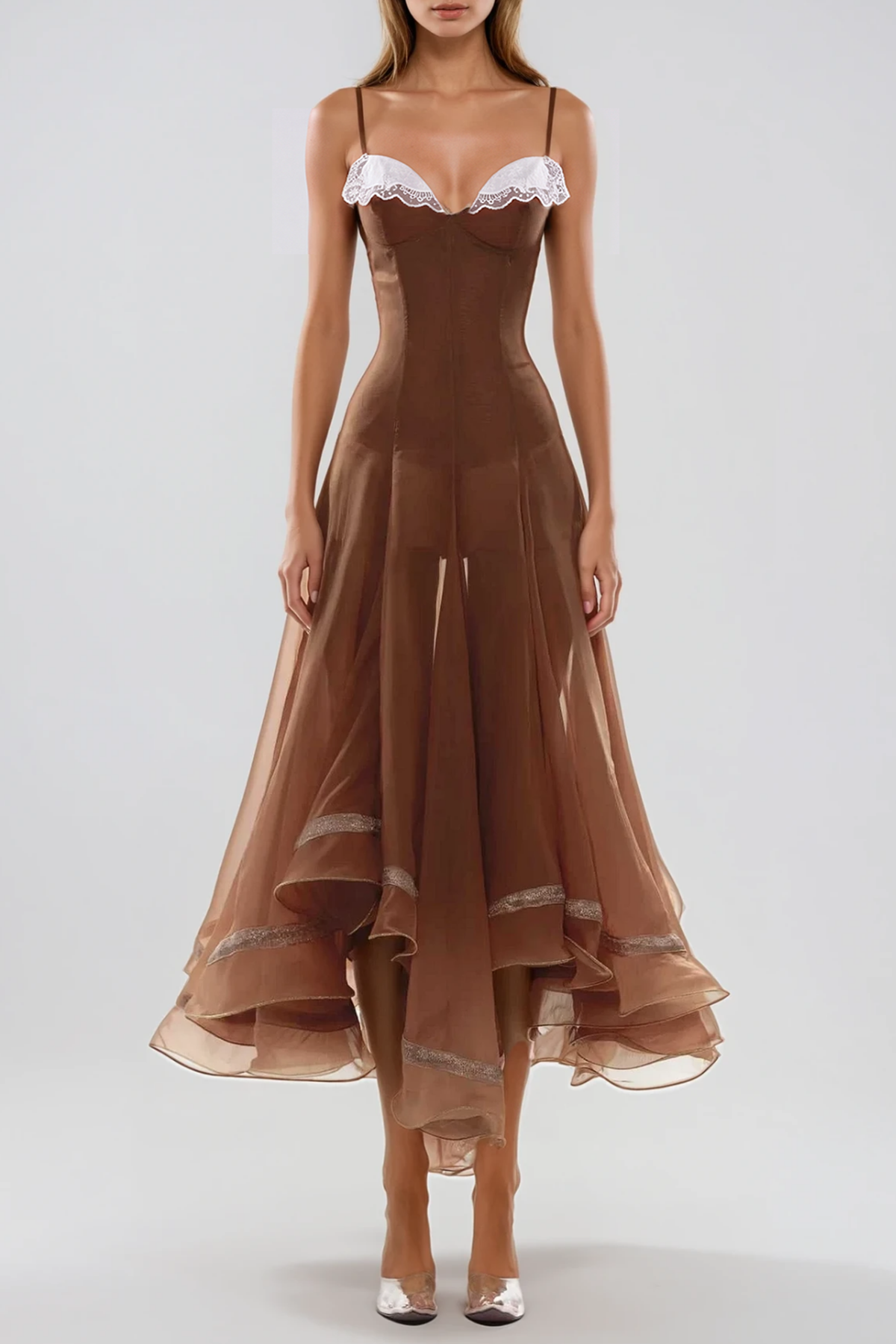 Fiacre Spaghetti Mesh Ruffle Maxi Dress
