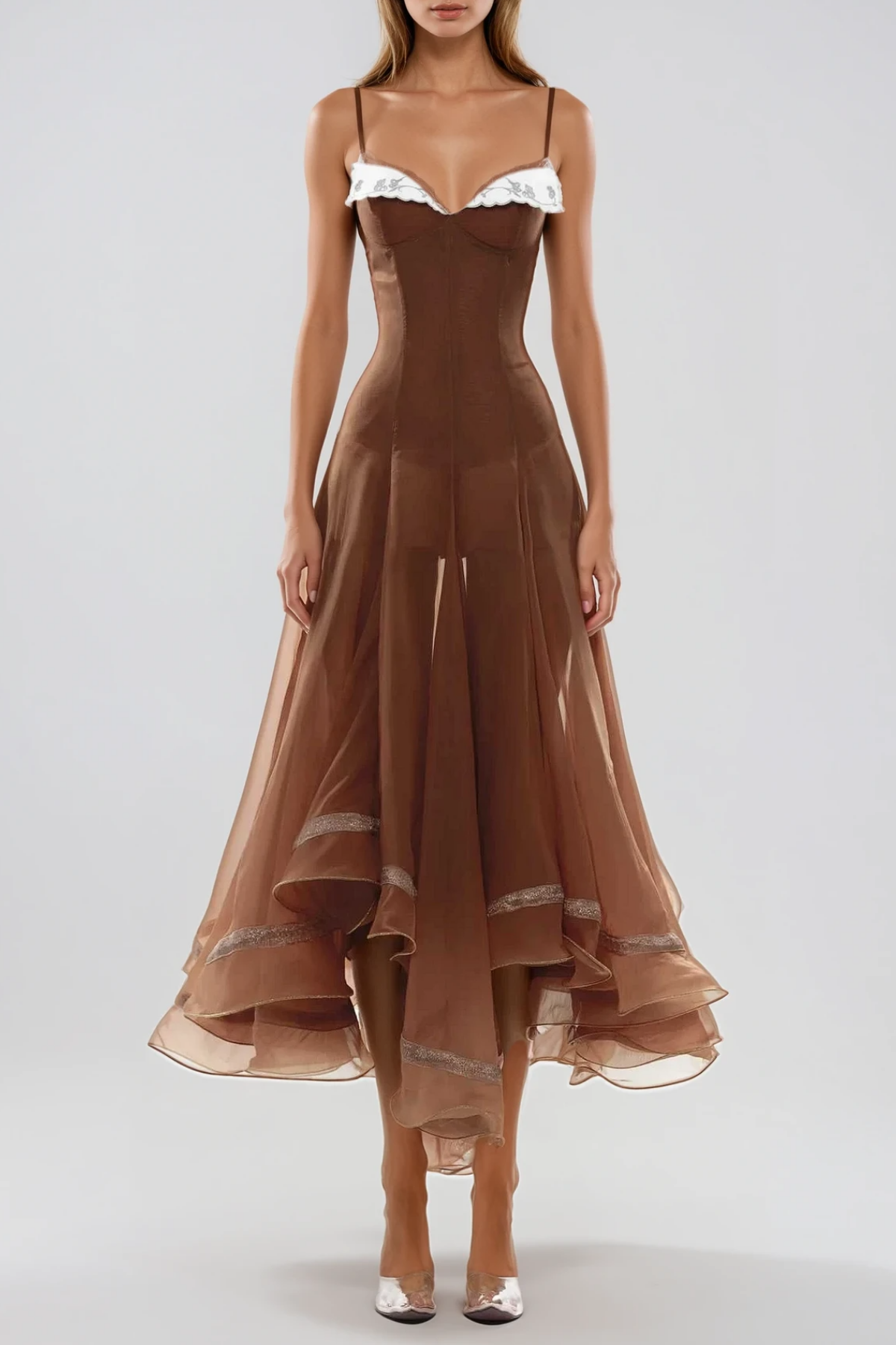 Fiacre Spaghetti Mesh Ruffle Maxi Dress