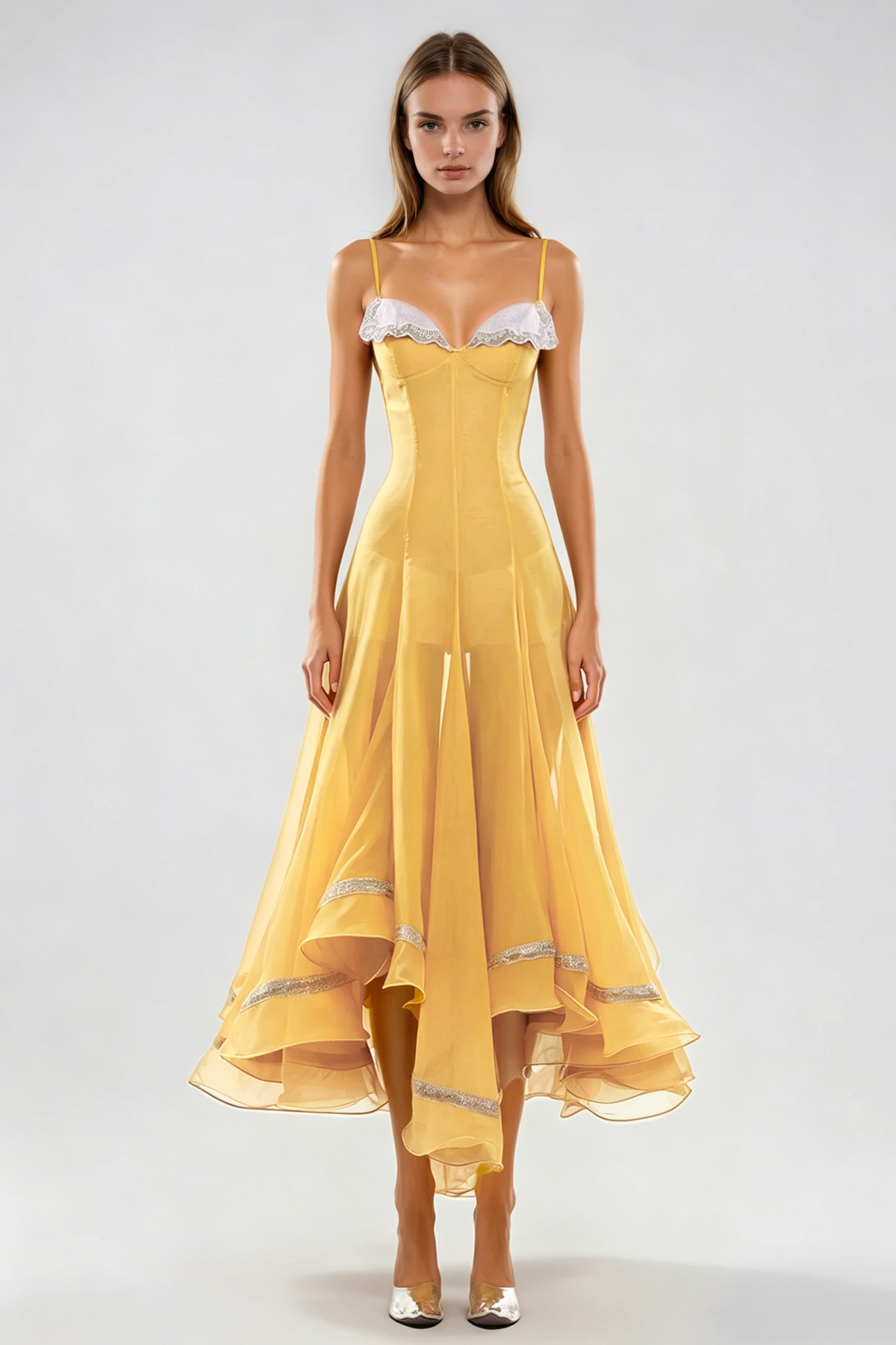 Fiacre Spaghetti Mesh Ruffle Maxi Dress In Yellow