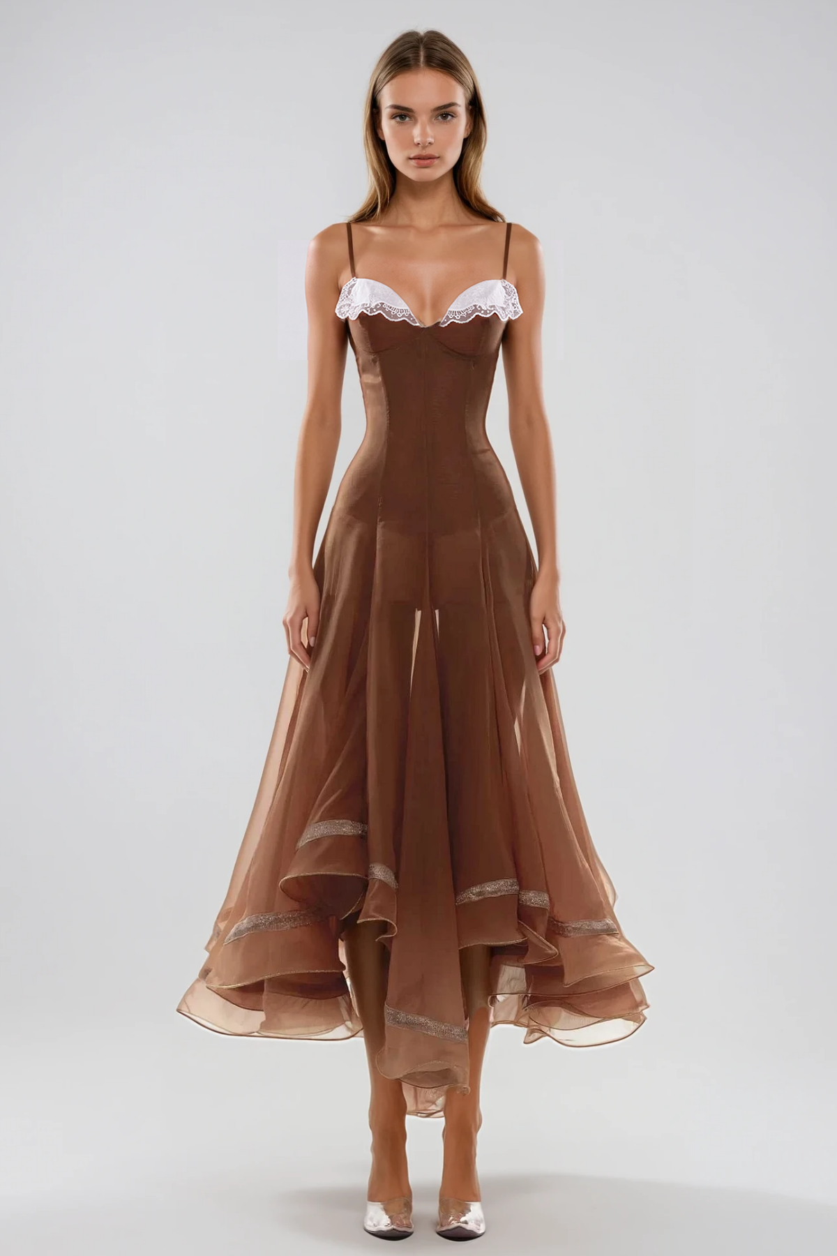 Fiacre Spaghetti Mesh Ruffle Maxi Dress