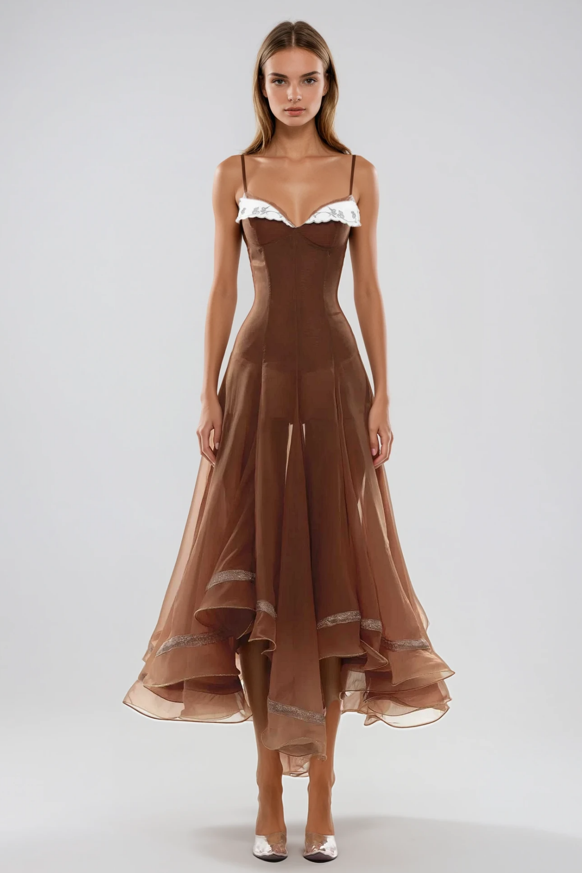 Fiacre Spaghetti Mesh Ruffle Maxi Dress