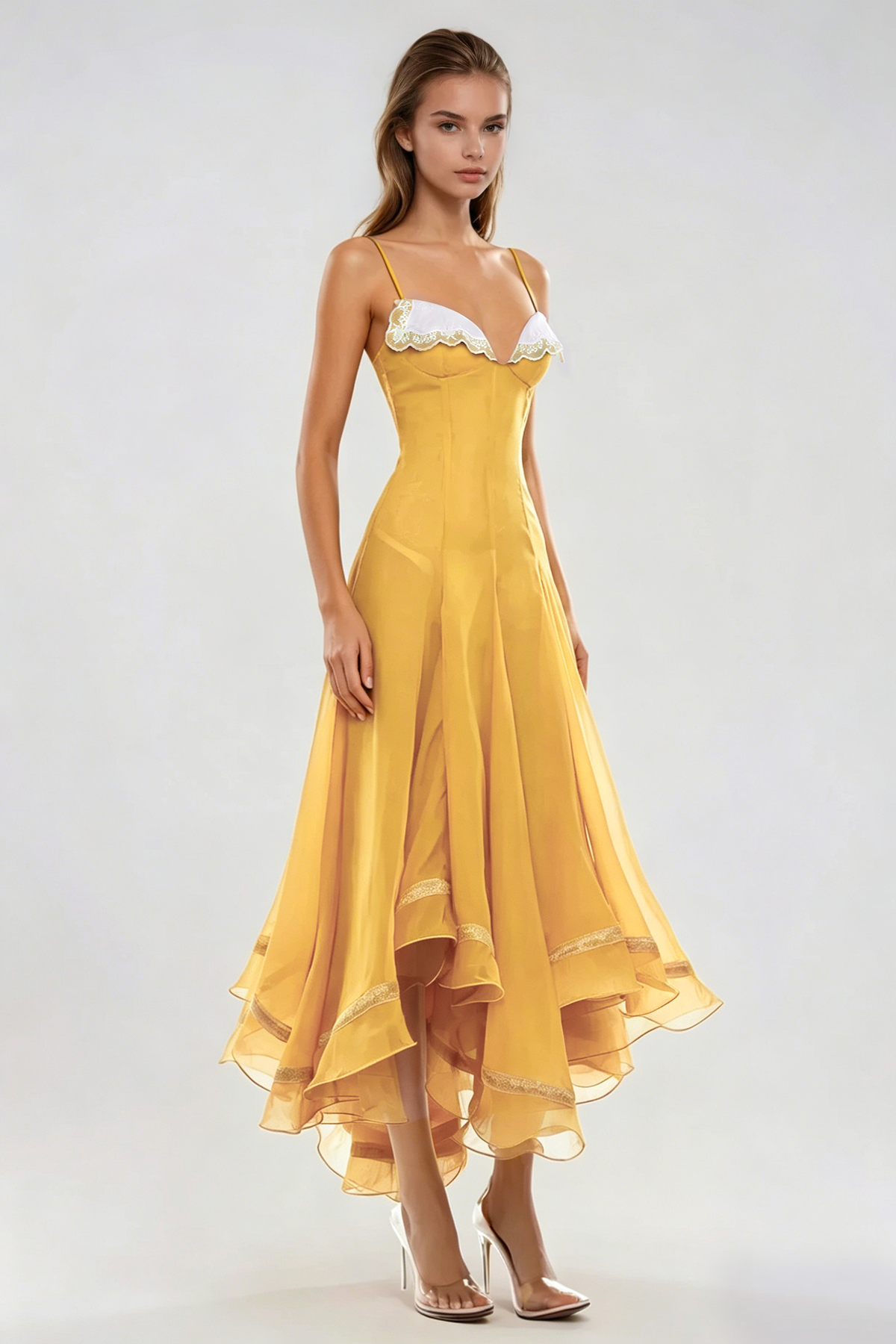 Fiacre Spaghetti Mesh Ruffle Maxi Dress In Yellow