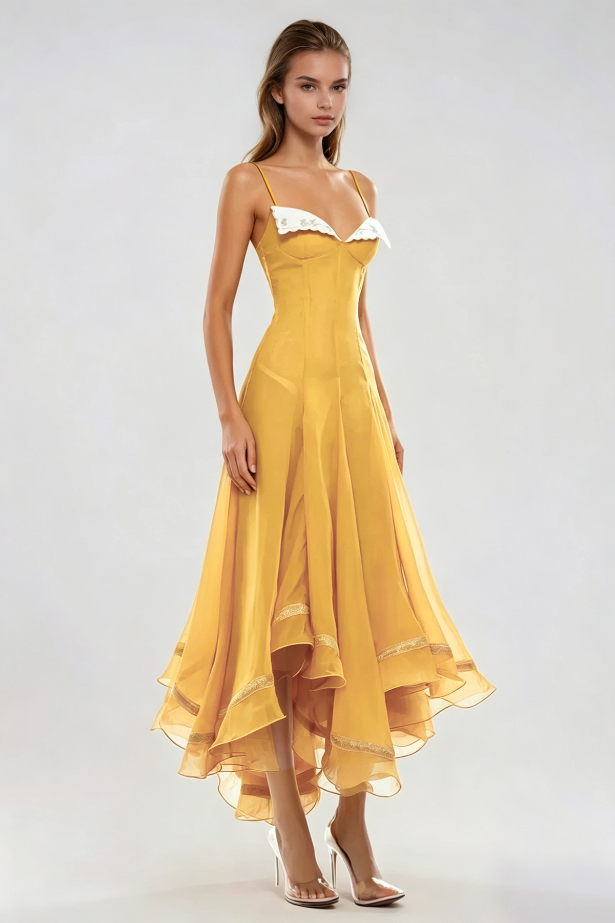 Fiacre Spaghetti Mesh Ruffle Maxi Dress In Yellow