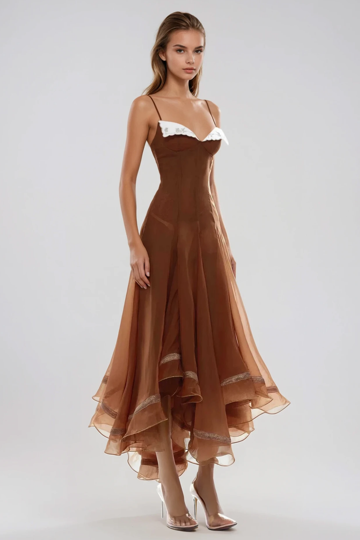 Fiacre Spaghetti Mesh Ruffle Maxi Dress