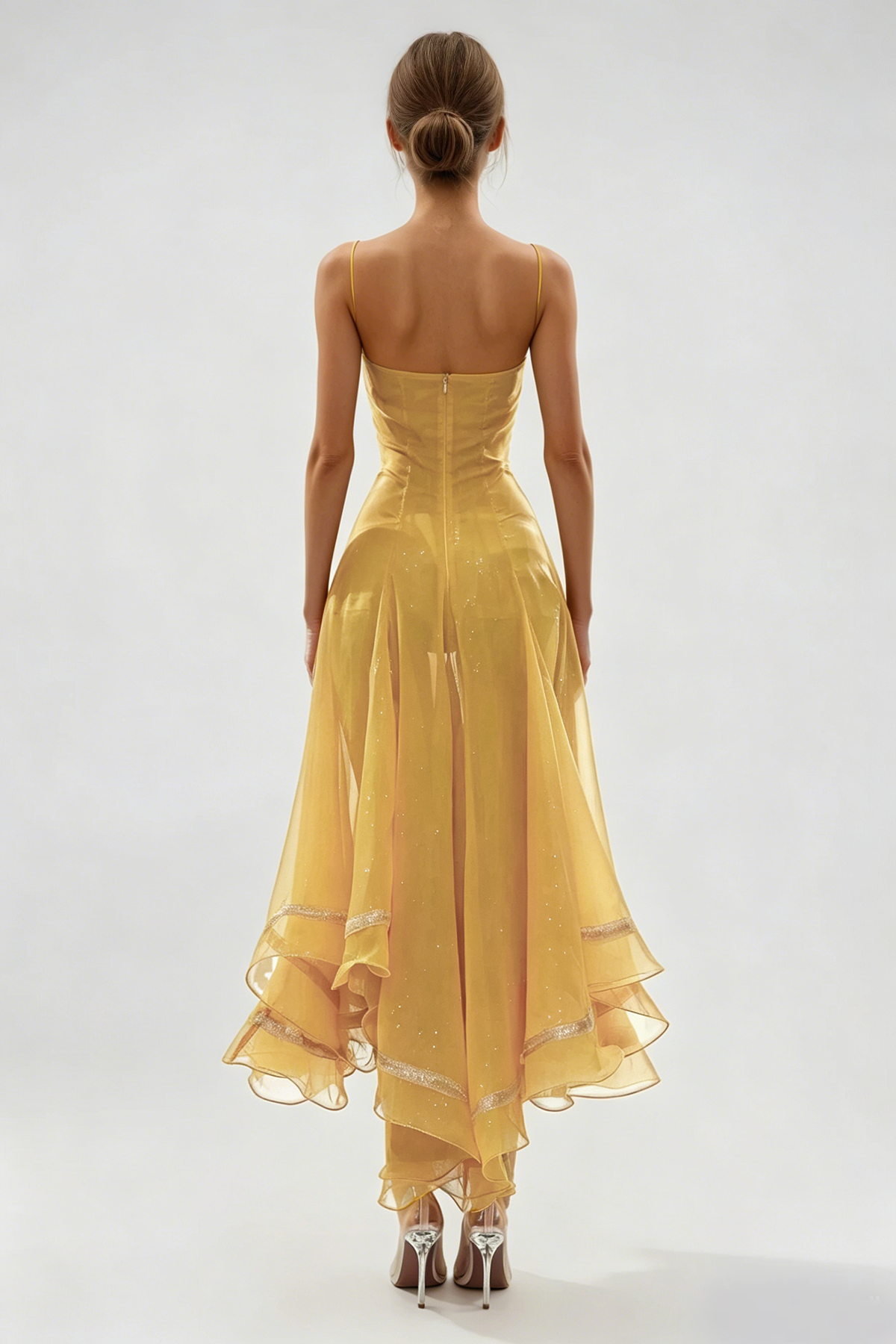 Fiacre Spaghetti Mesh Ruffle Maxi Dress In Yellow
