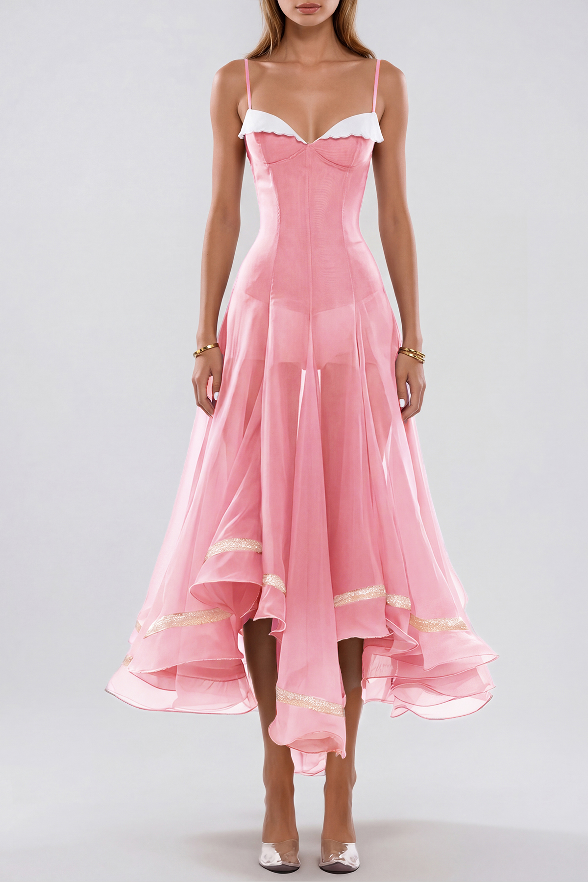 Fiacre Spaghetti Mesh Ruffle Maxi Dress In Pink