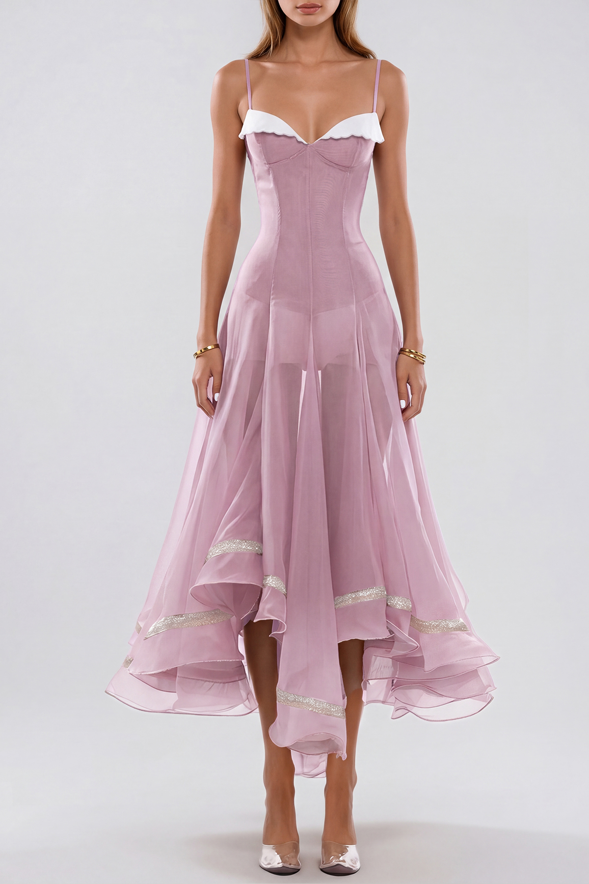 Fiacre Spaghetti Mesh Ruffle Maxi Dress In Pink