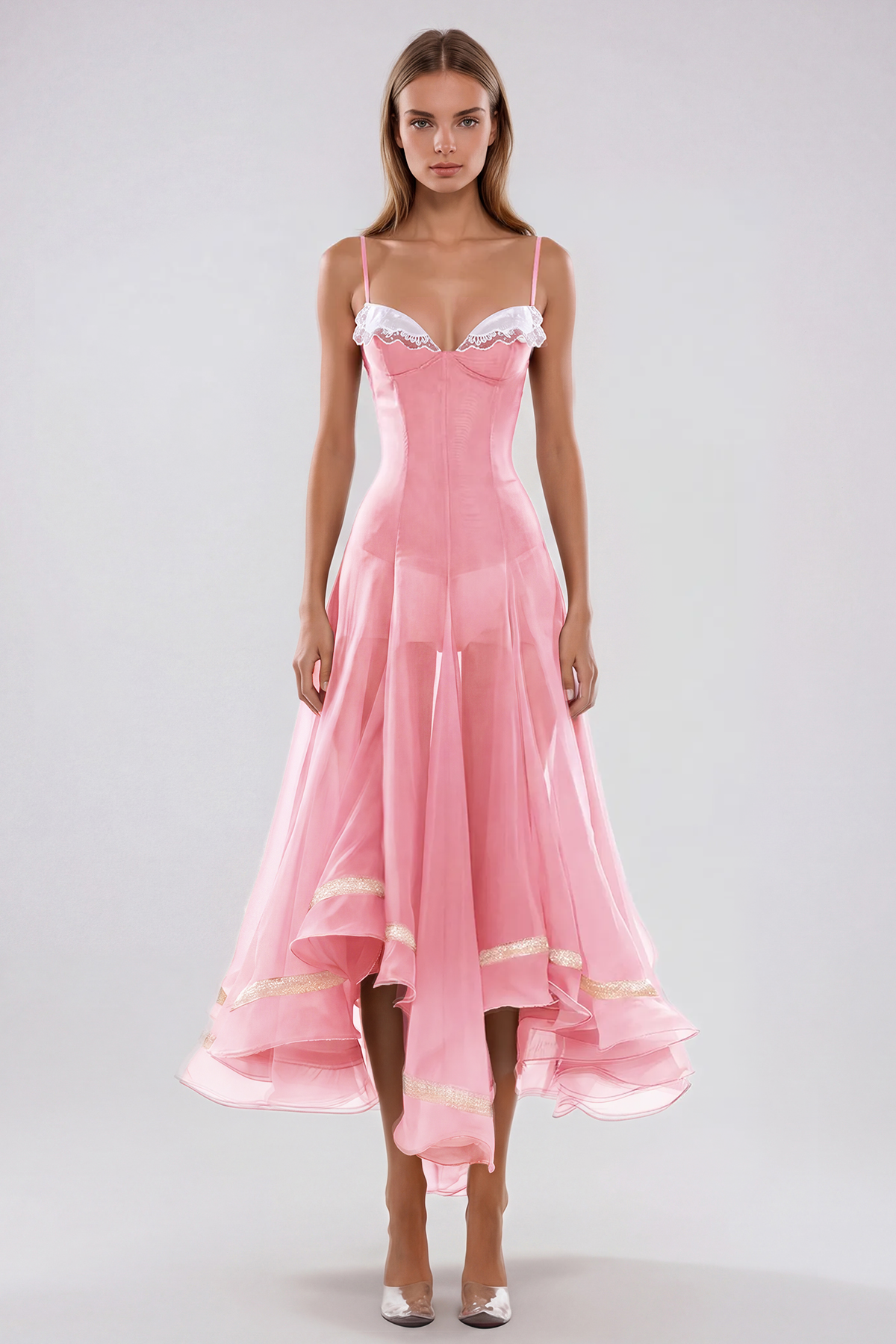 Fiacre Spaghetti Mesh Ruffle Maxi Dress In Pink