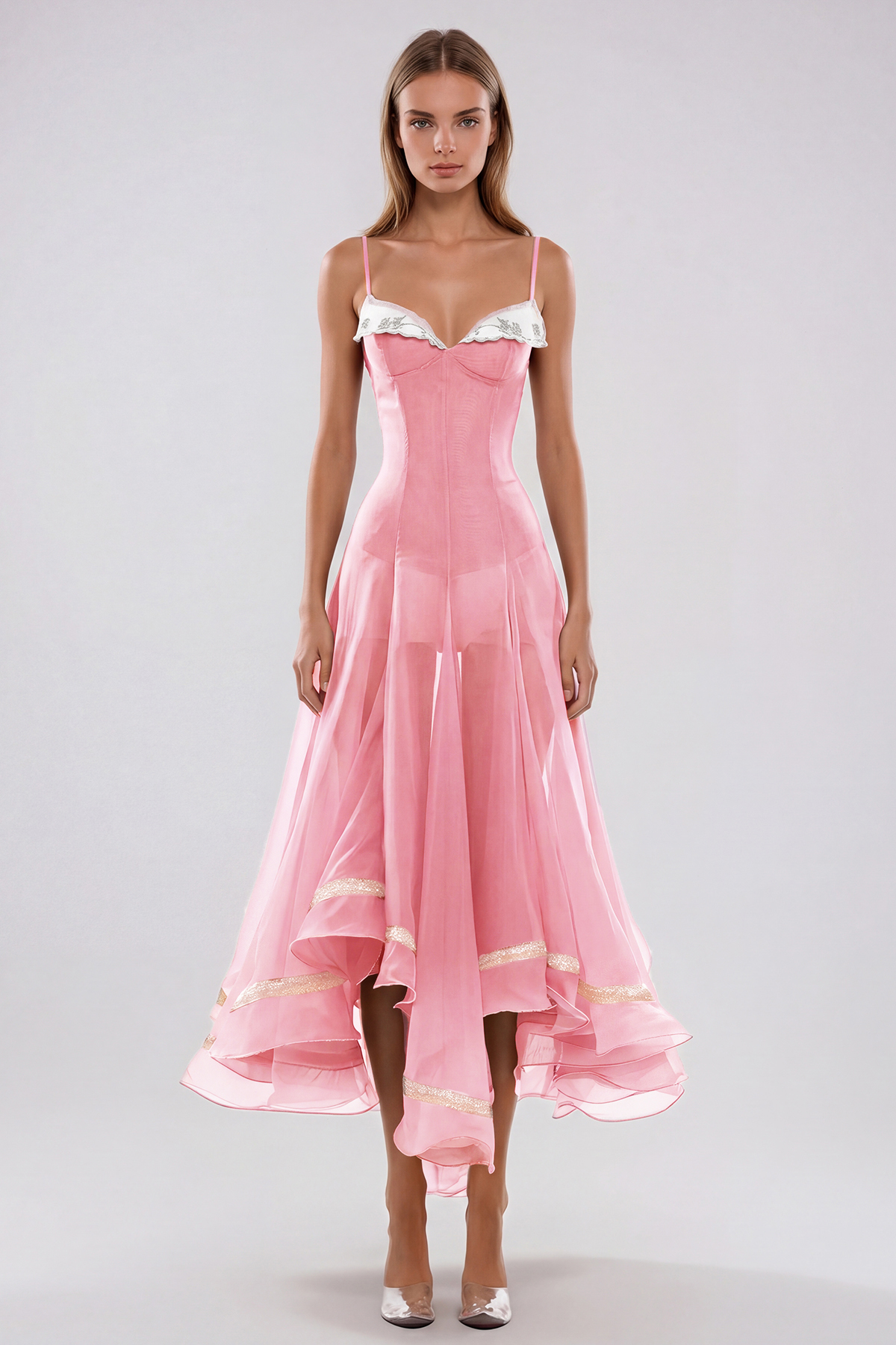 Fiacre Spaghetti Mesh Ruffle Maxi Dress In Pink
